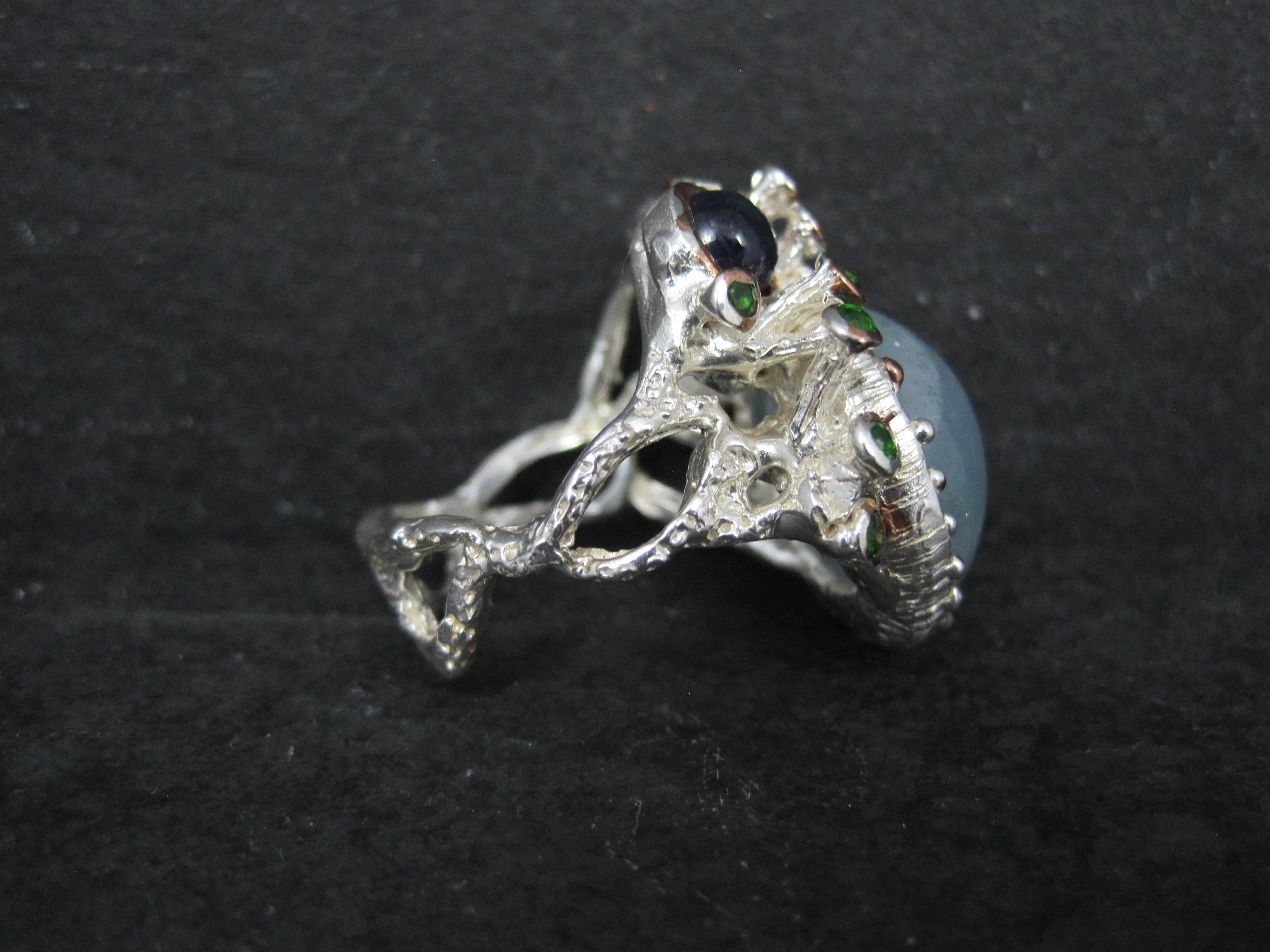 Artisan Sterling Silver Aquamarine Chrome Diopside Iolite Branch Ring Size 8 en vente 1