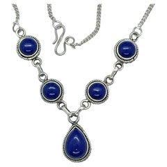 Artisan Sterling Silver Chilean Round PearShape Cabochon Lapis Lazuli Necklace