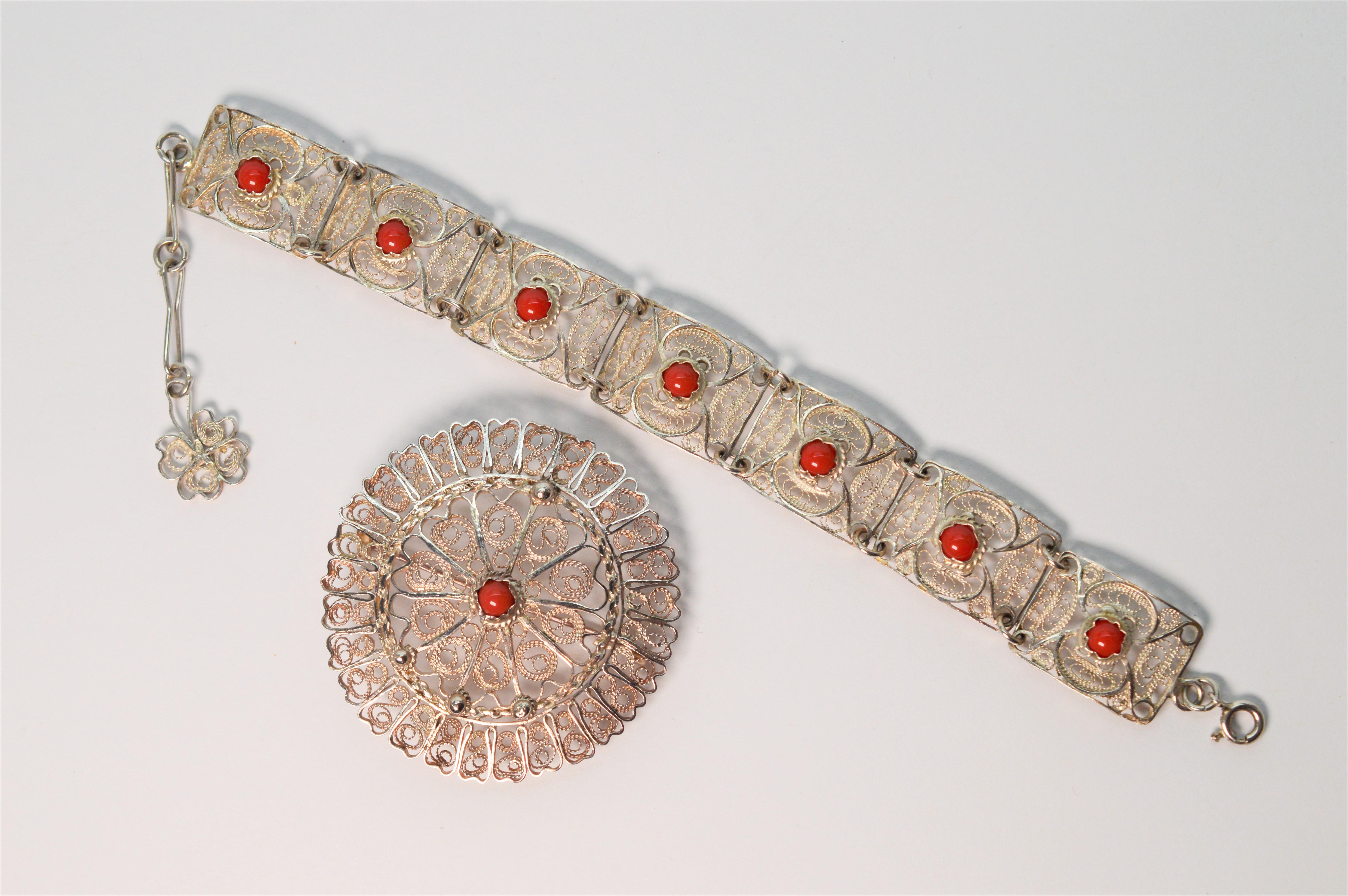 Artisan Sterling Silver Filigree Carnelian Bracelet w Pendant Brooch For Sale 3