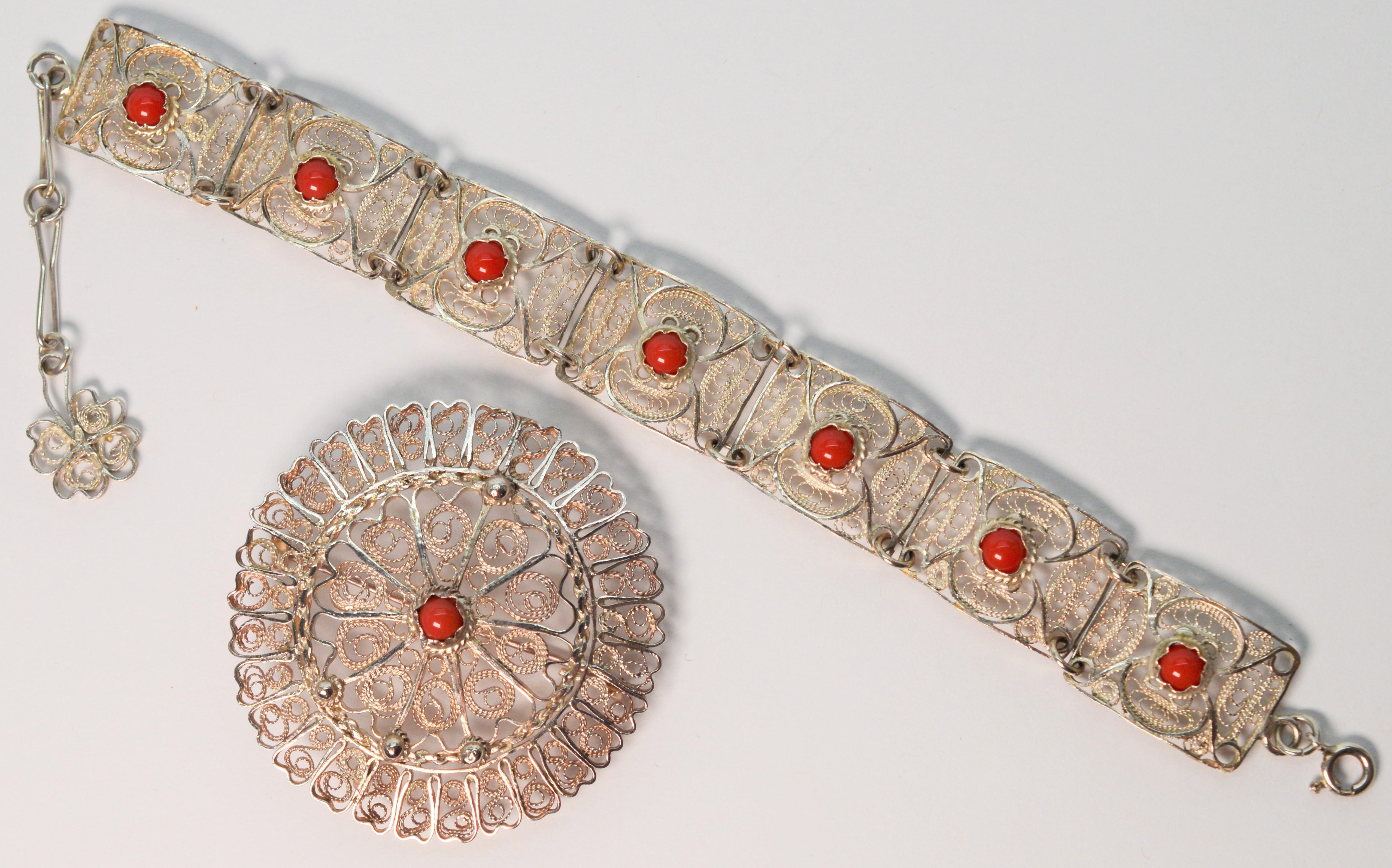 Artisan Sterling Silver Filigree Carnelian Bracelet w Pendant Brooch For Sale 5