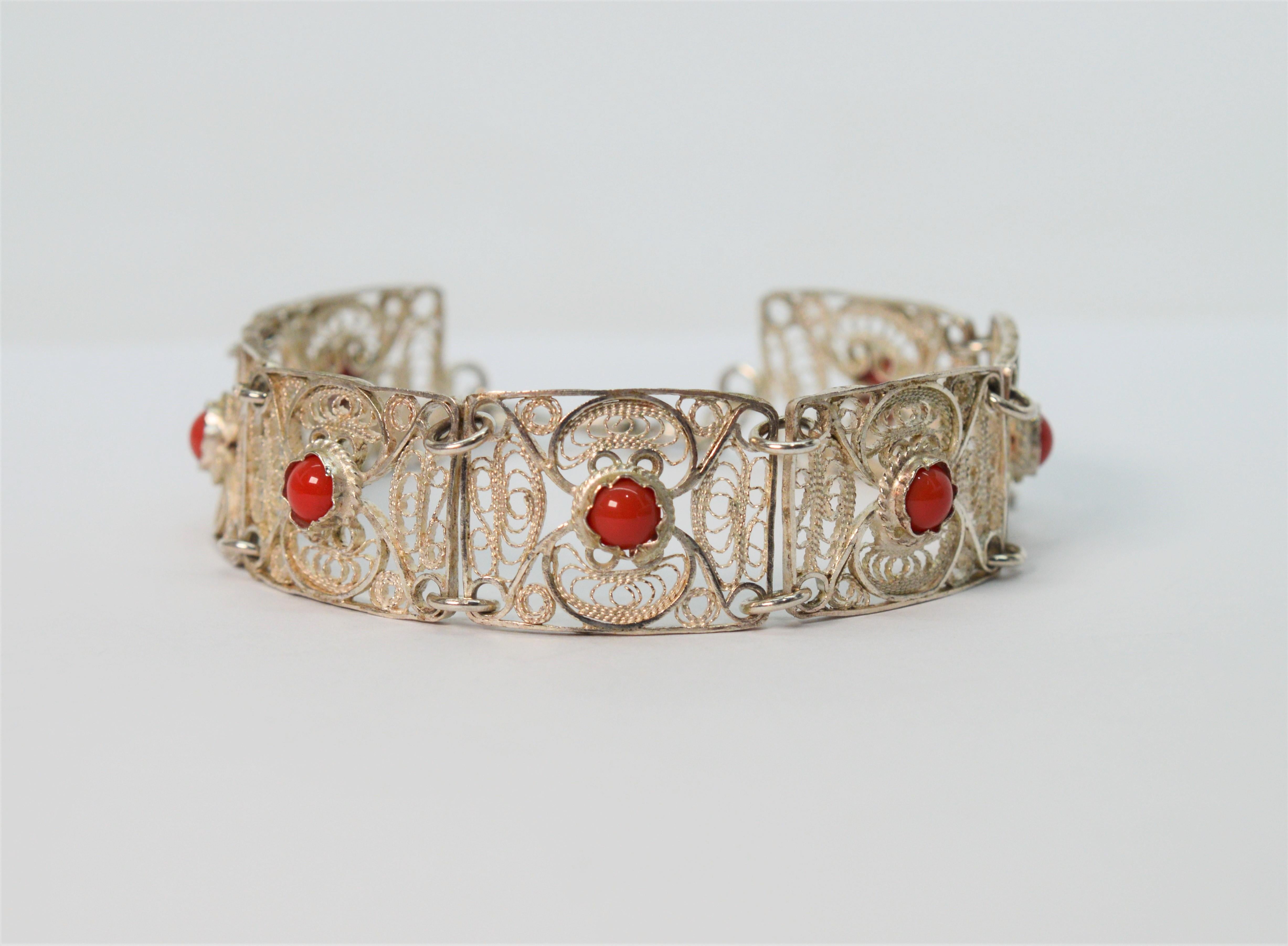 Artisan Sterling Silver Filigree Carnelian Bracelet w Pendant Brooch In Good Condition For Sale In Mount Kisco, NY