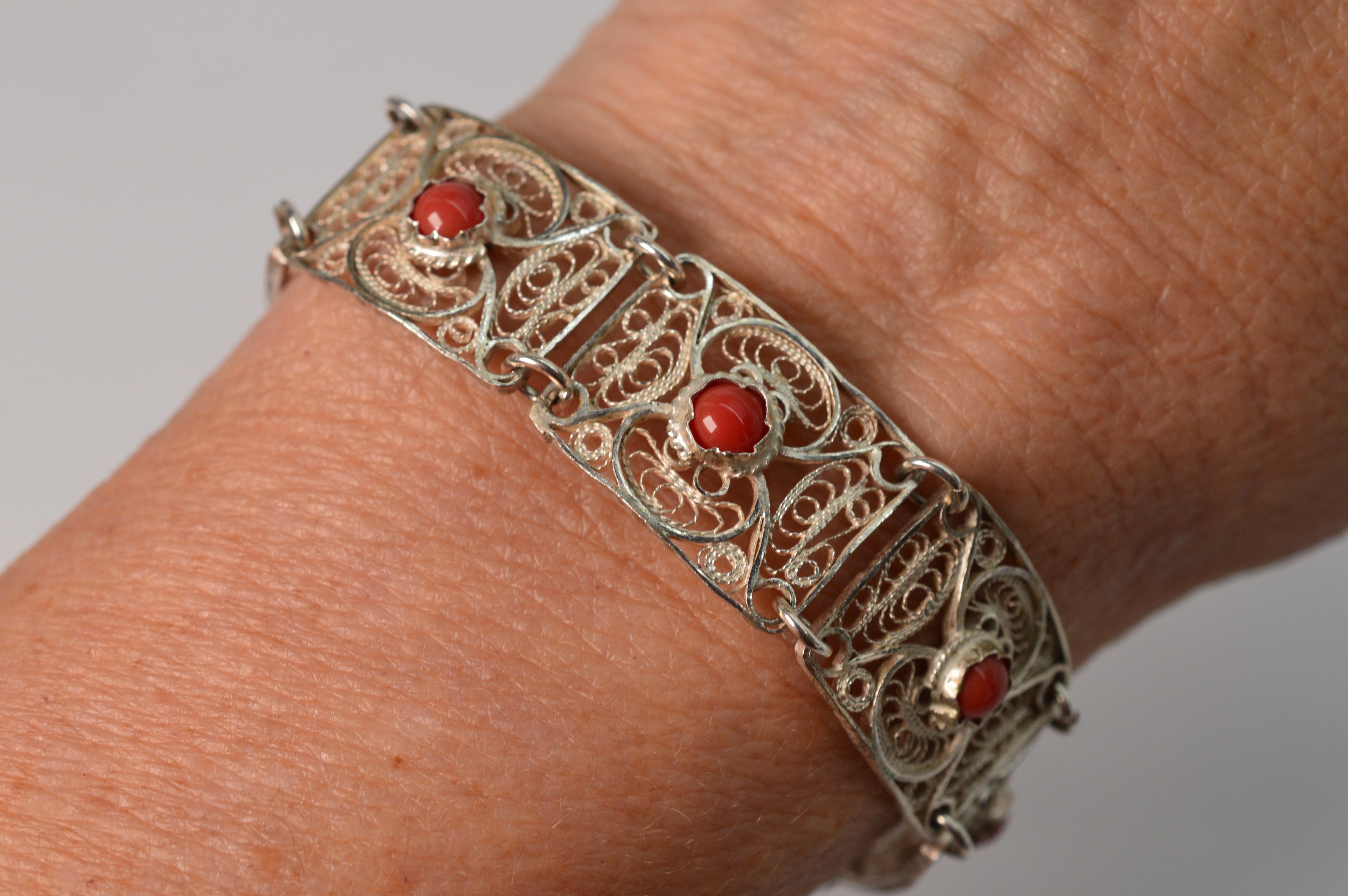 Artisan Sterling Silver Filigree Carnelian Bracelet w Pendant Brooch For Sale 2