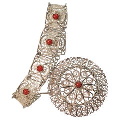 Artisan Sterling Silber Filigran Karneol Armband w Anhänger Brosche