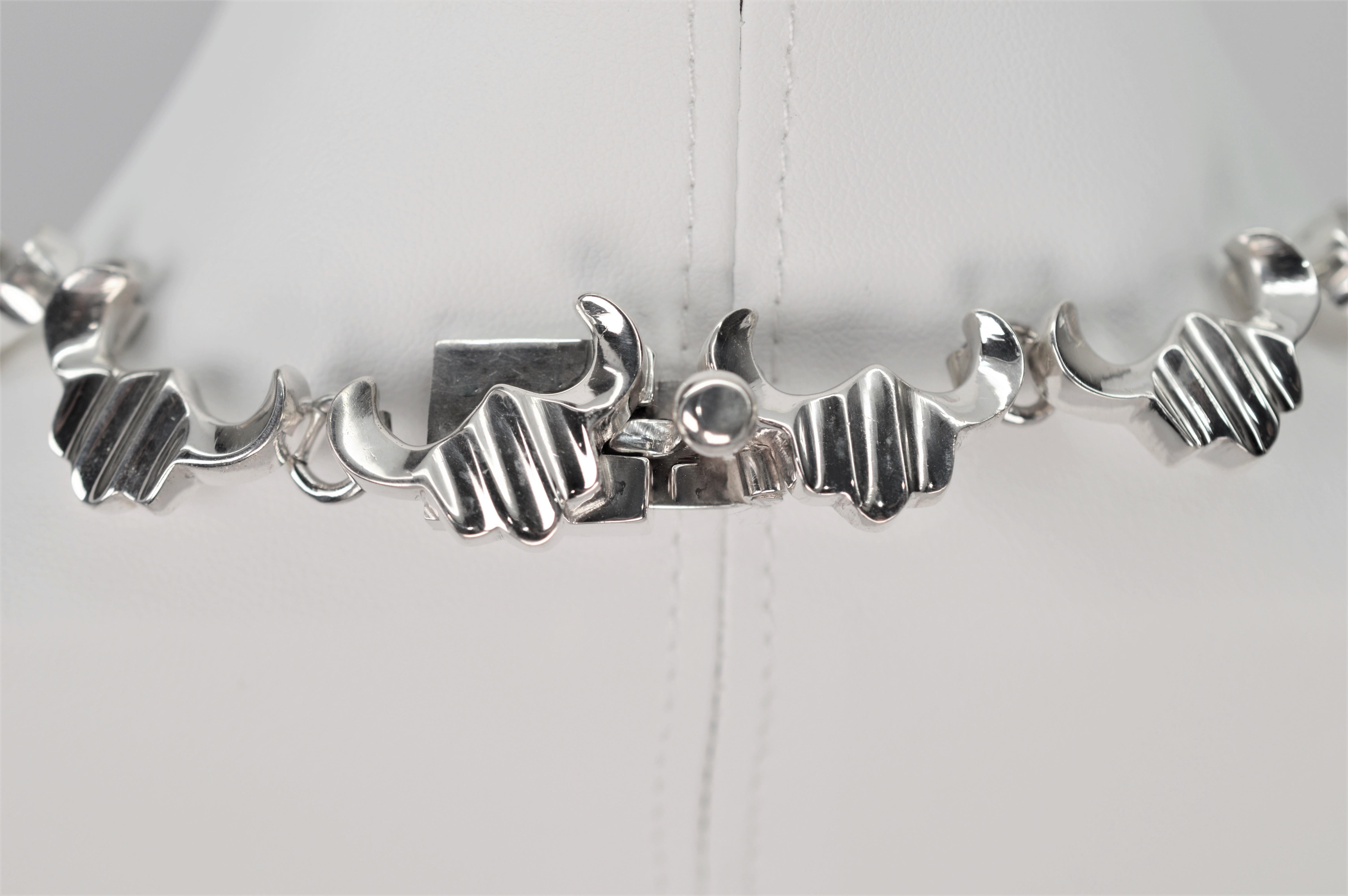 Artisan Sterling Silver Link Triangular Bib Necklace w Matching Bracelet For Sale 1