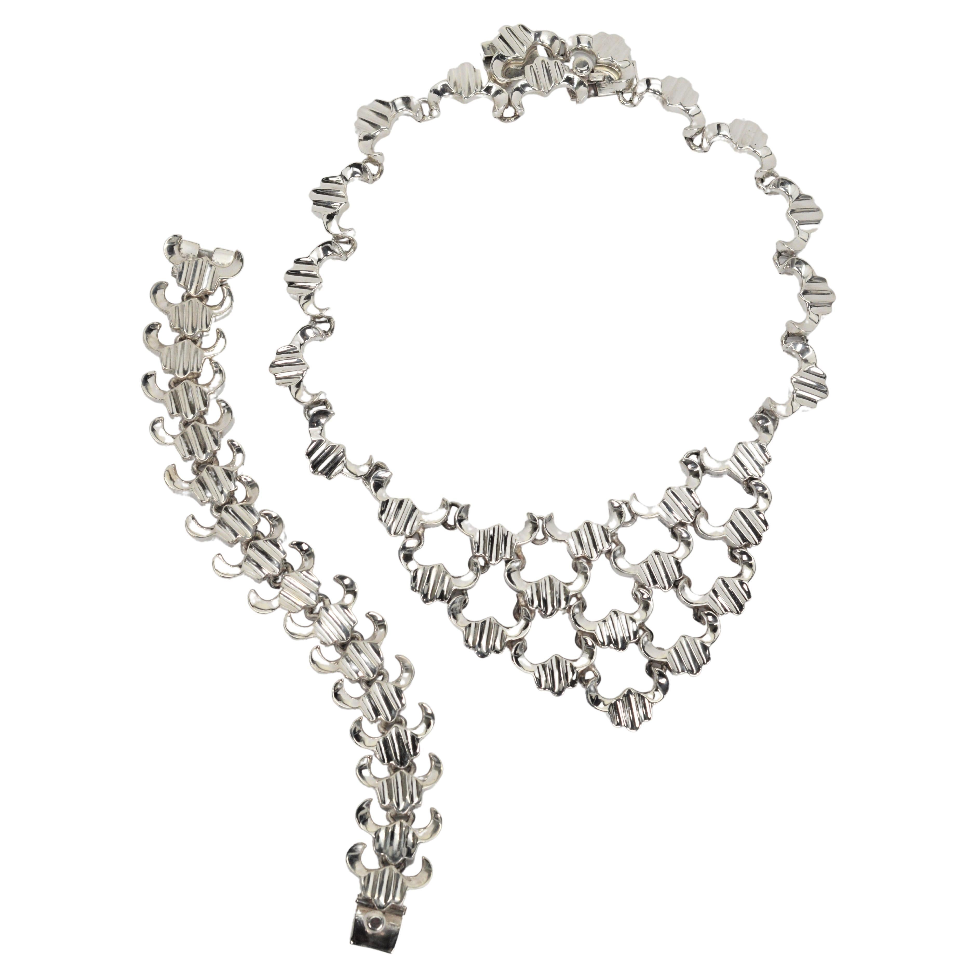 Artisan Sterling Silver Link Triangular Bib Necklace w Matching Bracelet For Sale