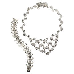 Vintage Artisan Sterling Silver Link Triangular Bib Necklace w Matching Bracelet