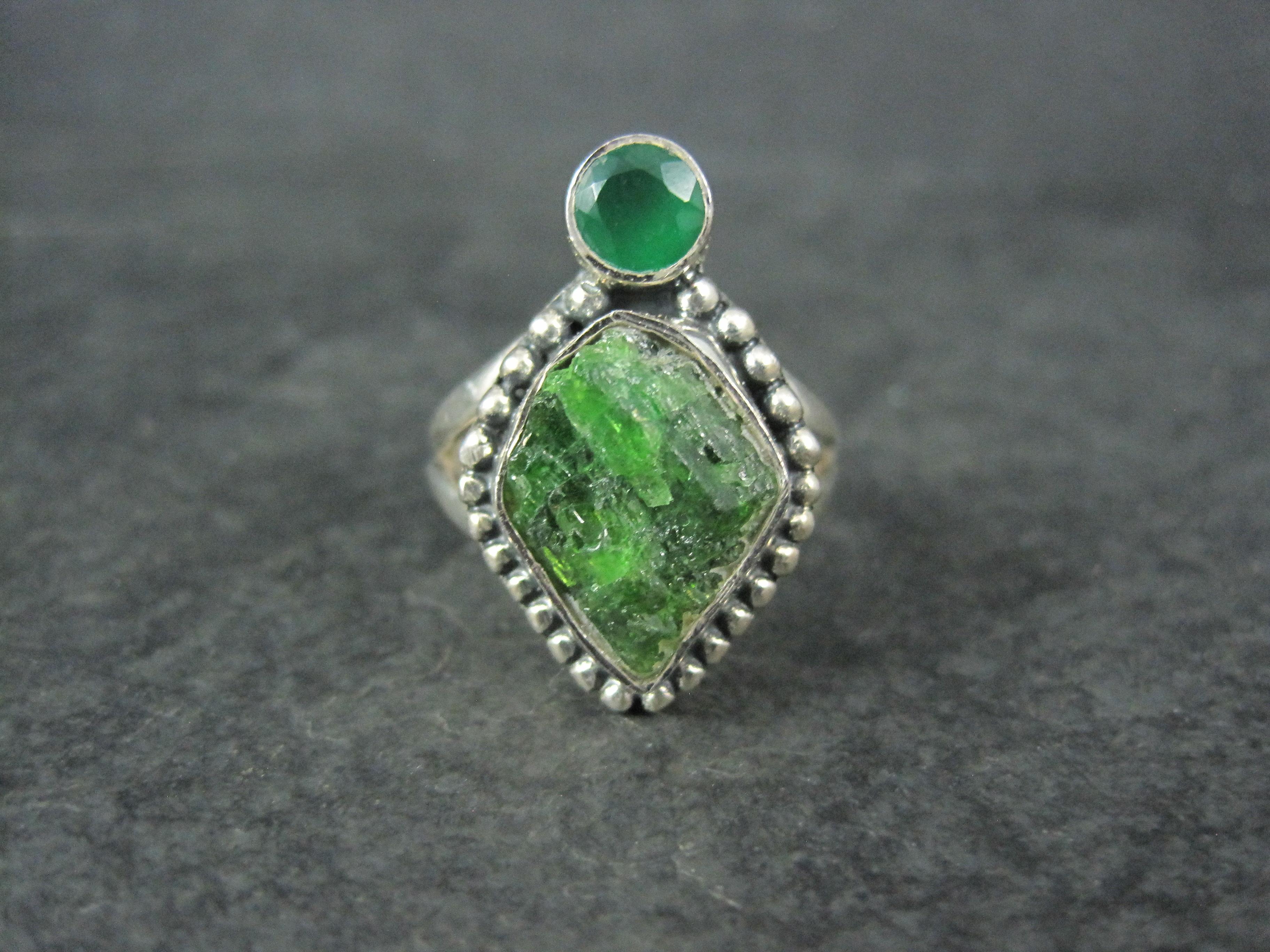 Taille ronde Bague Artisan en Argent Sterling Moldavite & Chrysoprase Taille 7 en vente