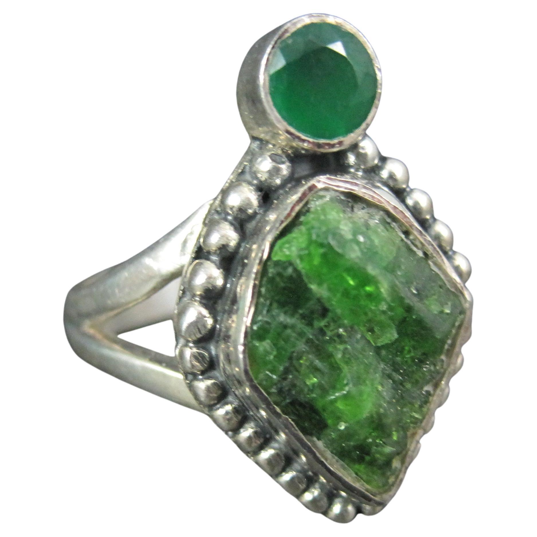 Artisan Sterling Silver Moldavite 
Chrysoprase Ring Size 7