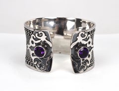 Artisan Sterling Silver Rustic Wide Cuff with Amethyst Accents