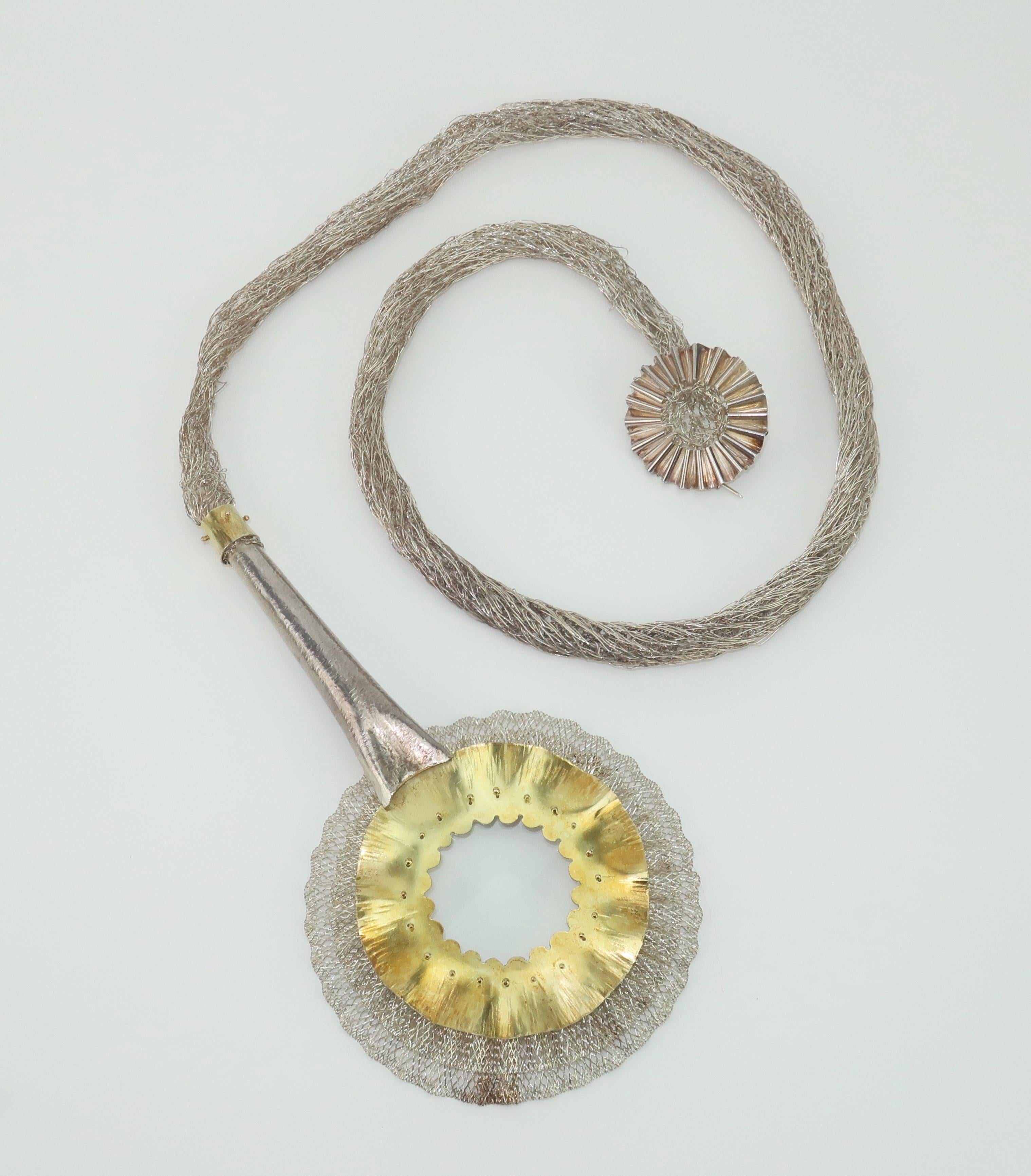 Modernist Artisan Sterling Silver & Vermeil Magnifying Glass Lariat Necklace