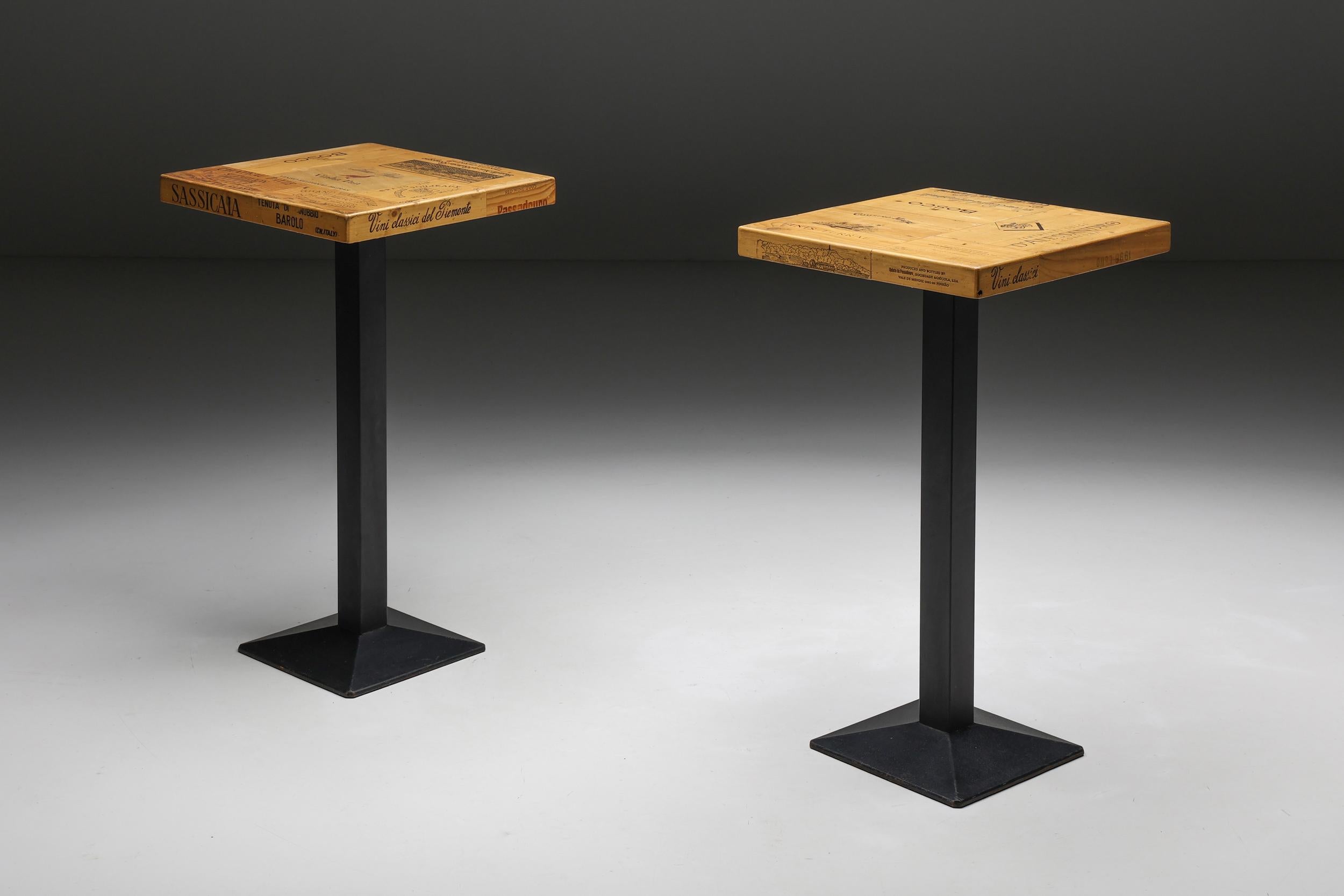 Artisan; tables hautes; Travail Belge; early 2000s; wine table; wood; 

Artisan tables hautes travail Belge, early 2000s. Travail Belge wine tables with a wooden tabletop resting on a steel base. A rare and unusual item, characterised by its