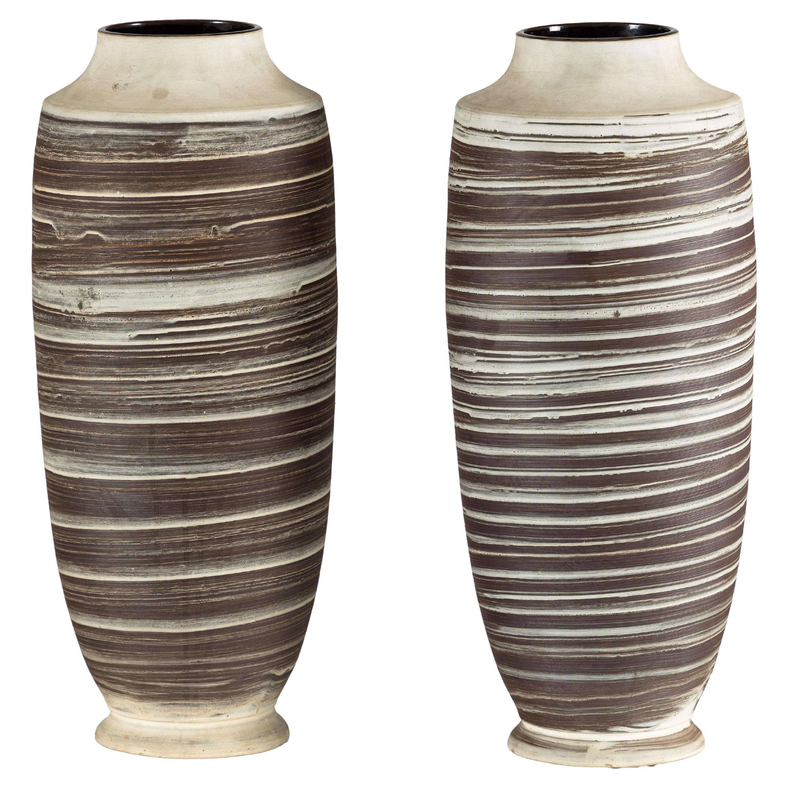 Artisan Tall Ceramic Vase with Horizontal Striated Glaze, Sold Individually For Sale