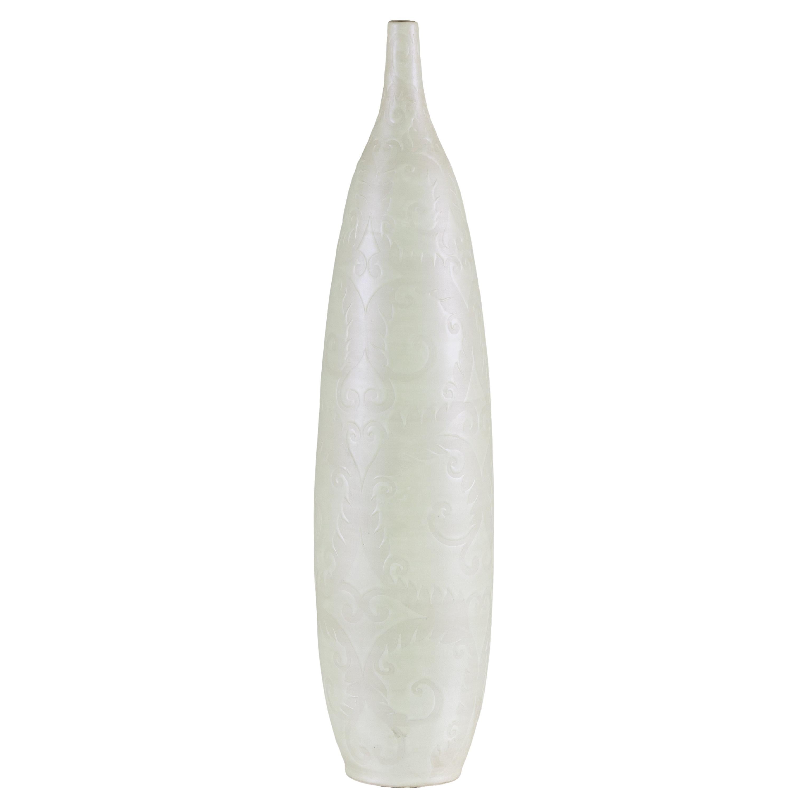 Artisan Tall White Ceramic Vase with Subtle Relief Decoration
