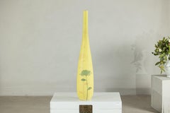 Artisan Tall Yellow Ceramic Vase with Hand-Painted Floral Motif, Sold As Is