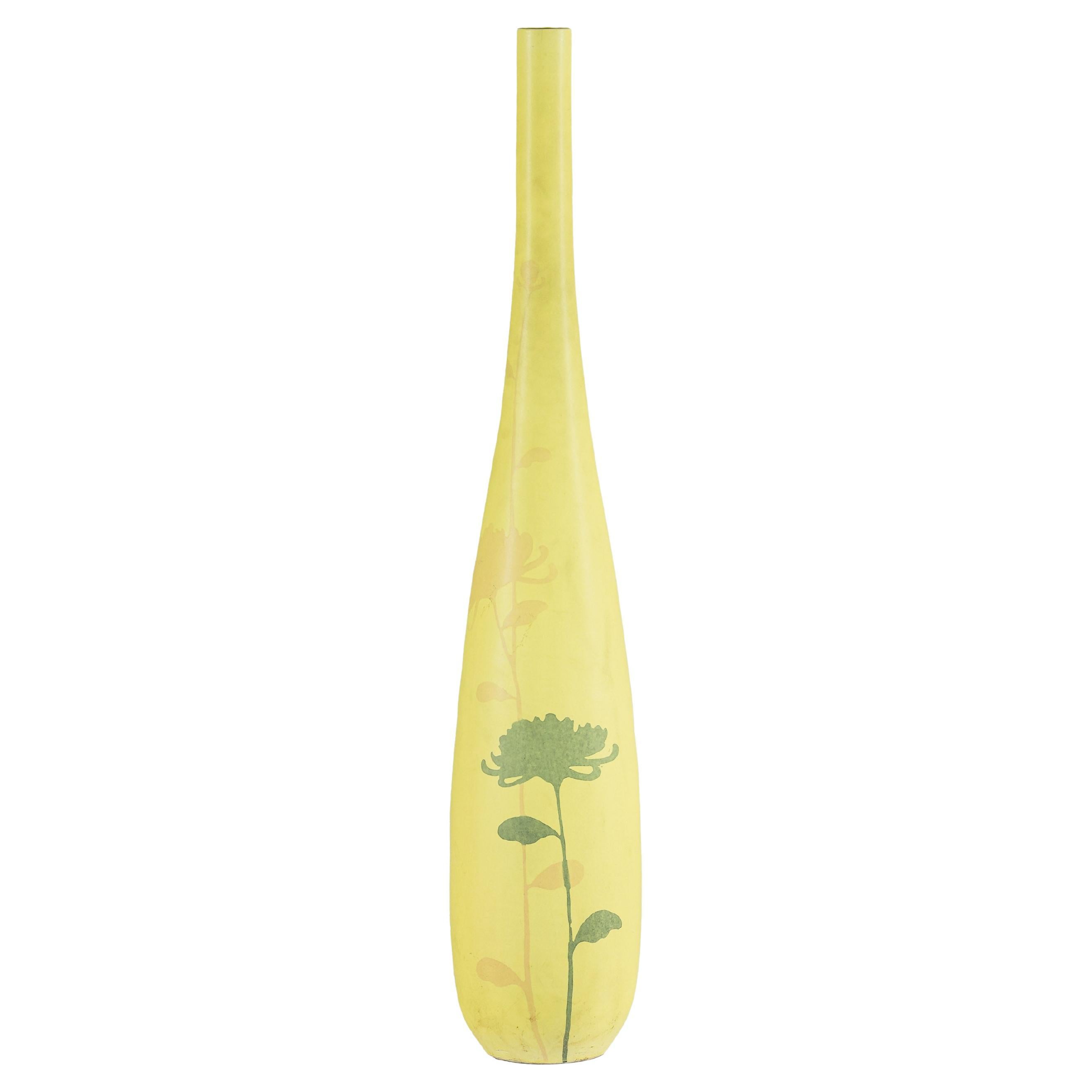 Artisan Tall Yellow Ceramic Vase with Hand-Painted Floral Motif, Sold As Is For Sale