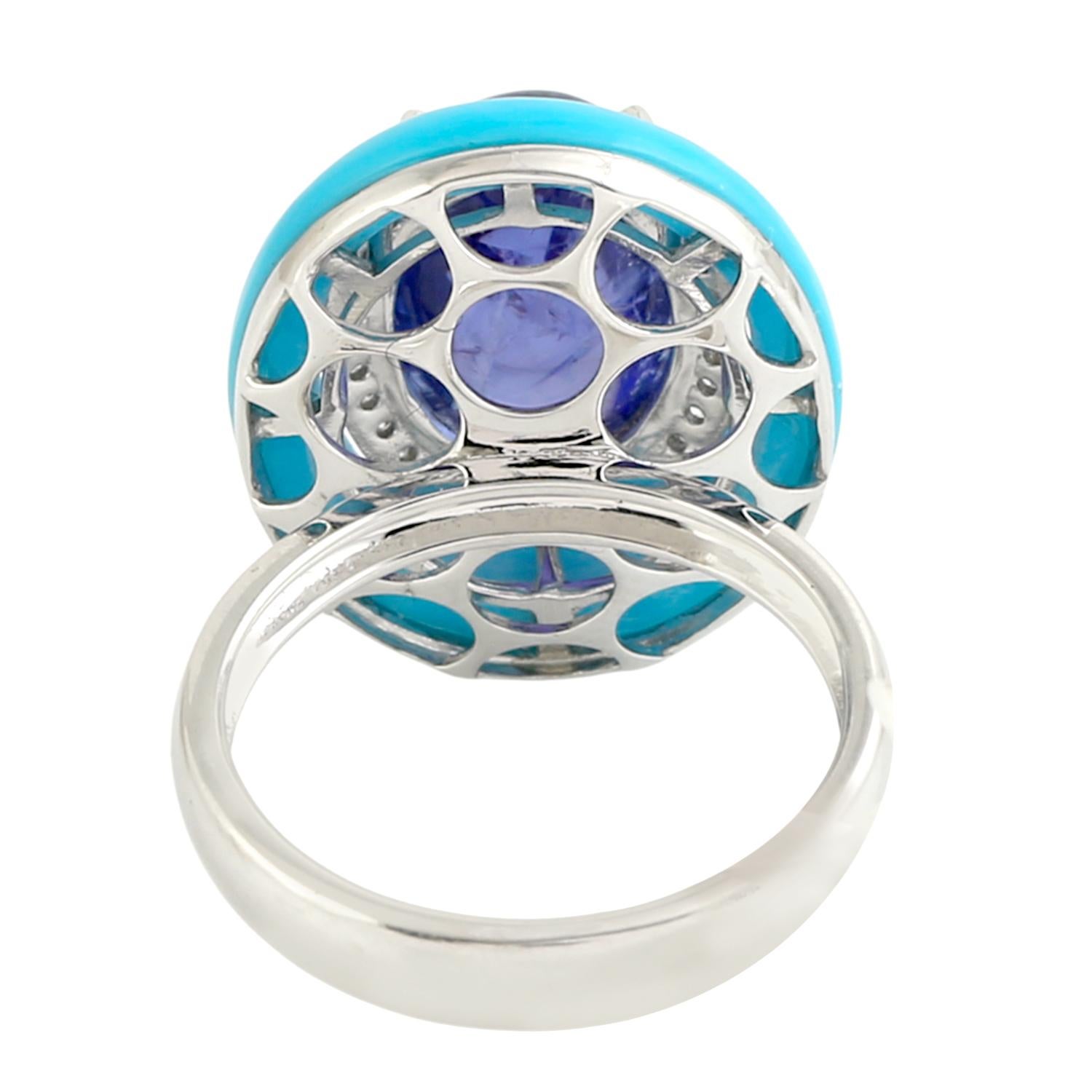 Artigiano Anello cocktail artigianale con tanzanite e turchese e diamante in oro bianco 18 carati in vendita