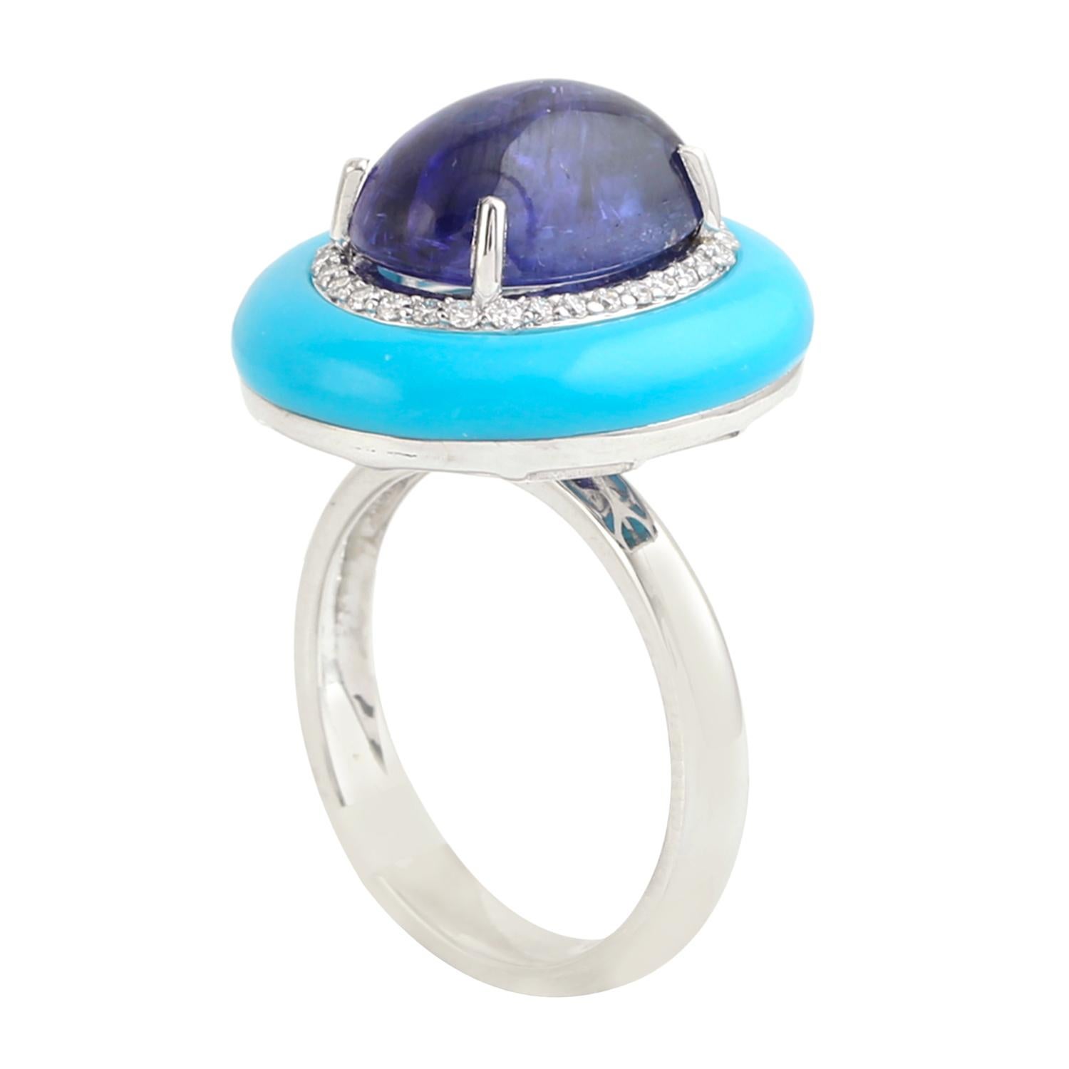 Taglio misto Anello cocktail artigianale con tanzanite e turchese e diamante in oro bianco 18 carati in vendita