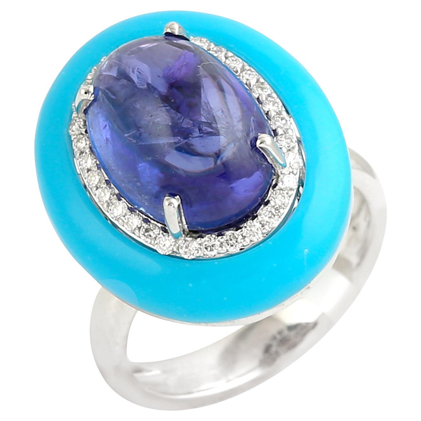 Anello cocktail artigianale con tanzanite e turchese e diamante in oro bianco 18 carati in vendita