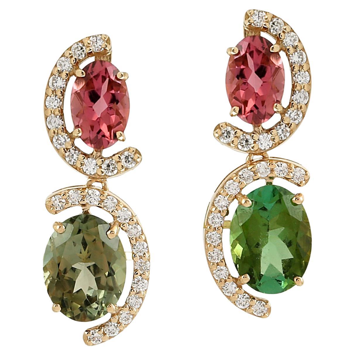 Artisan Tourmaline Drop Earrings With Diamonds In 18K Yellow Gold