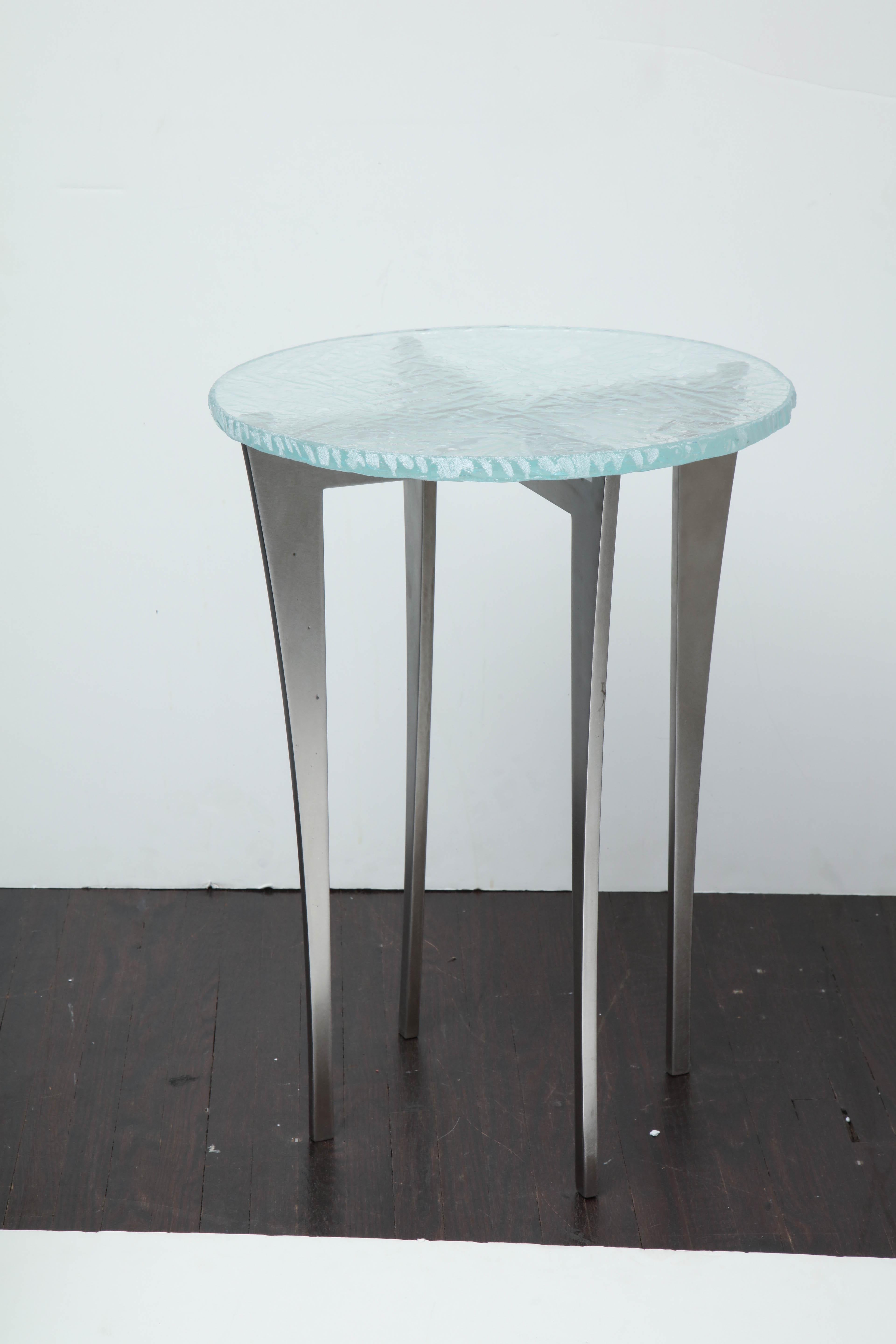 Mid-Century Modern Artisan Translucent Glass Top with Curving Steel Base Side Table