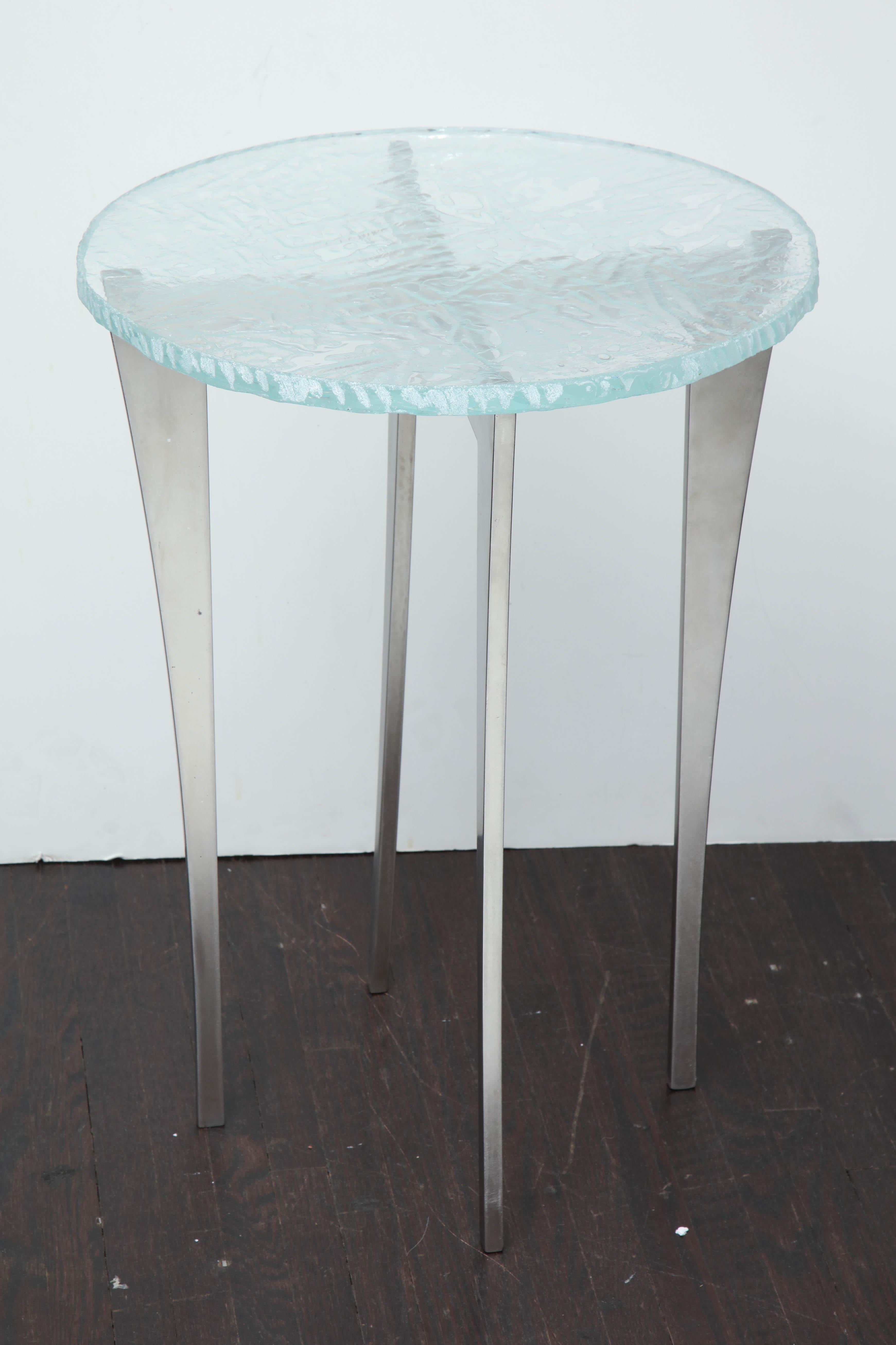 Artisan Translucent Glass Top with Curving Steel Base Side Table In Excellent Condition In New York, NY