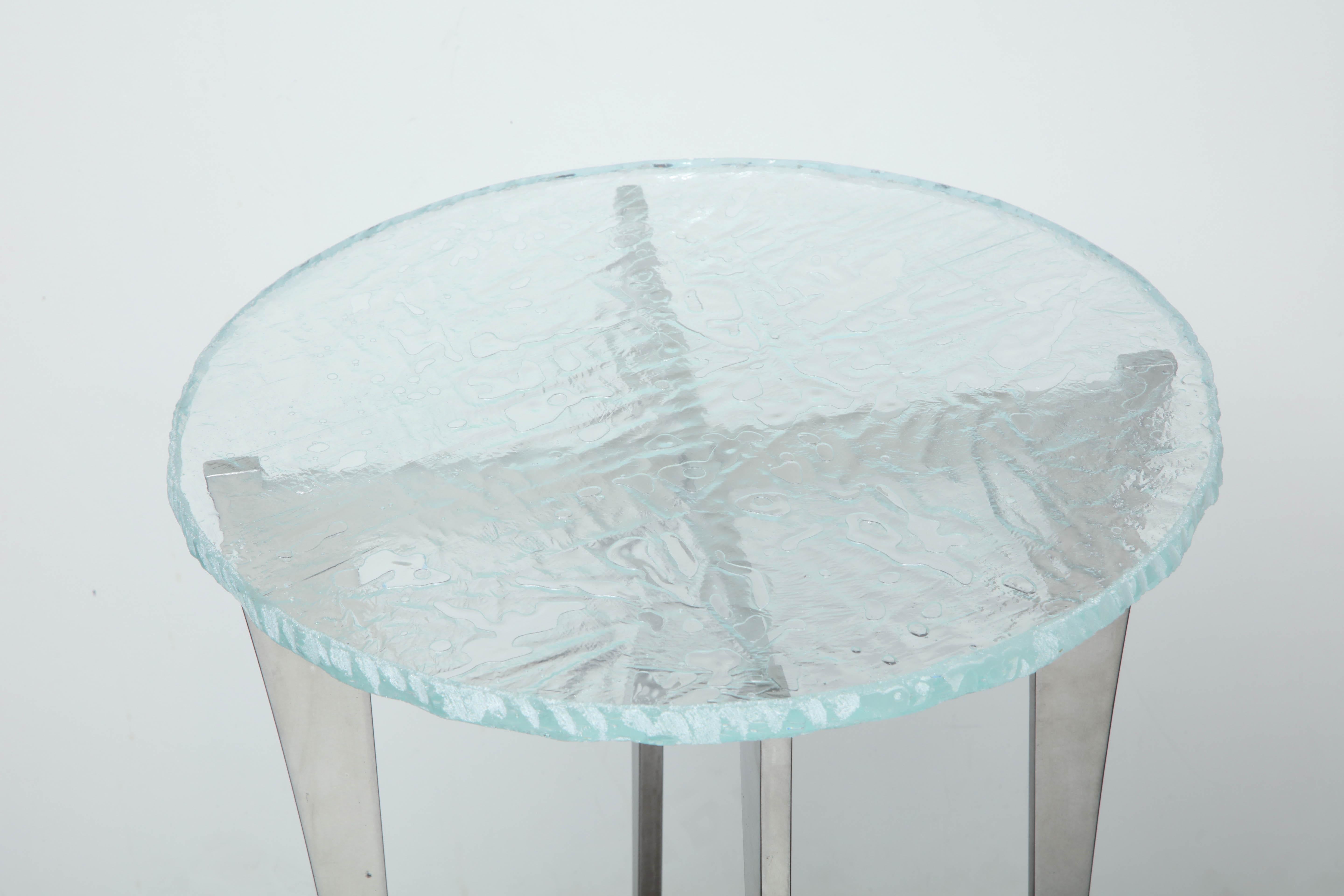 Contemporary Artisan Translucent Glass Top with Curving Steel Base Side Table