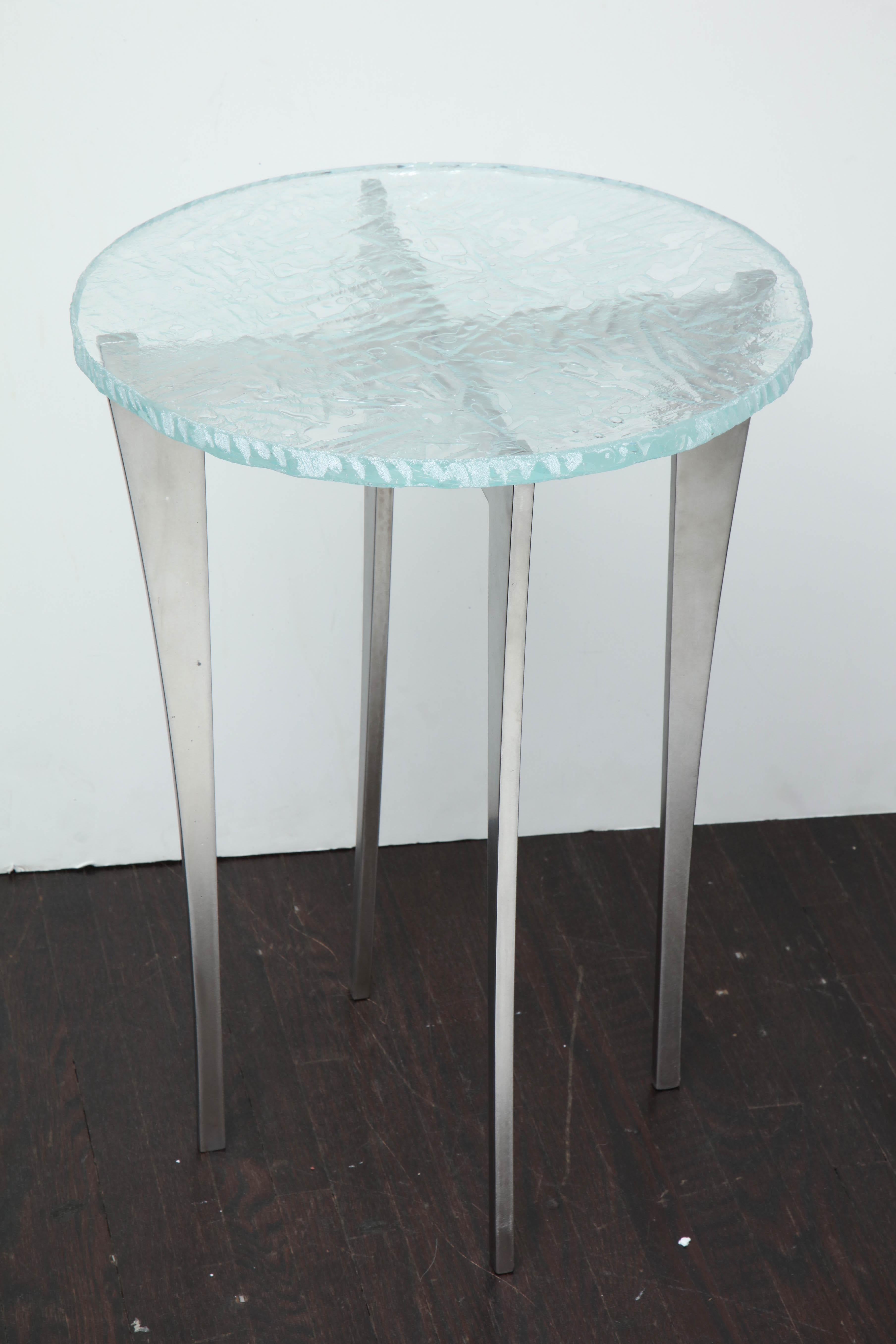 Stainless Steel Artisan Translucent Glass Top with Curving Steel Base Side Table