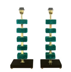 Artisan Turquoise Murano Glass Cube & Brass Table Lamps