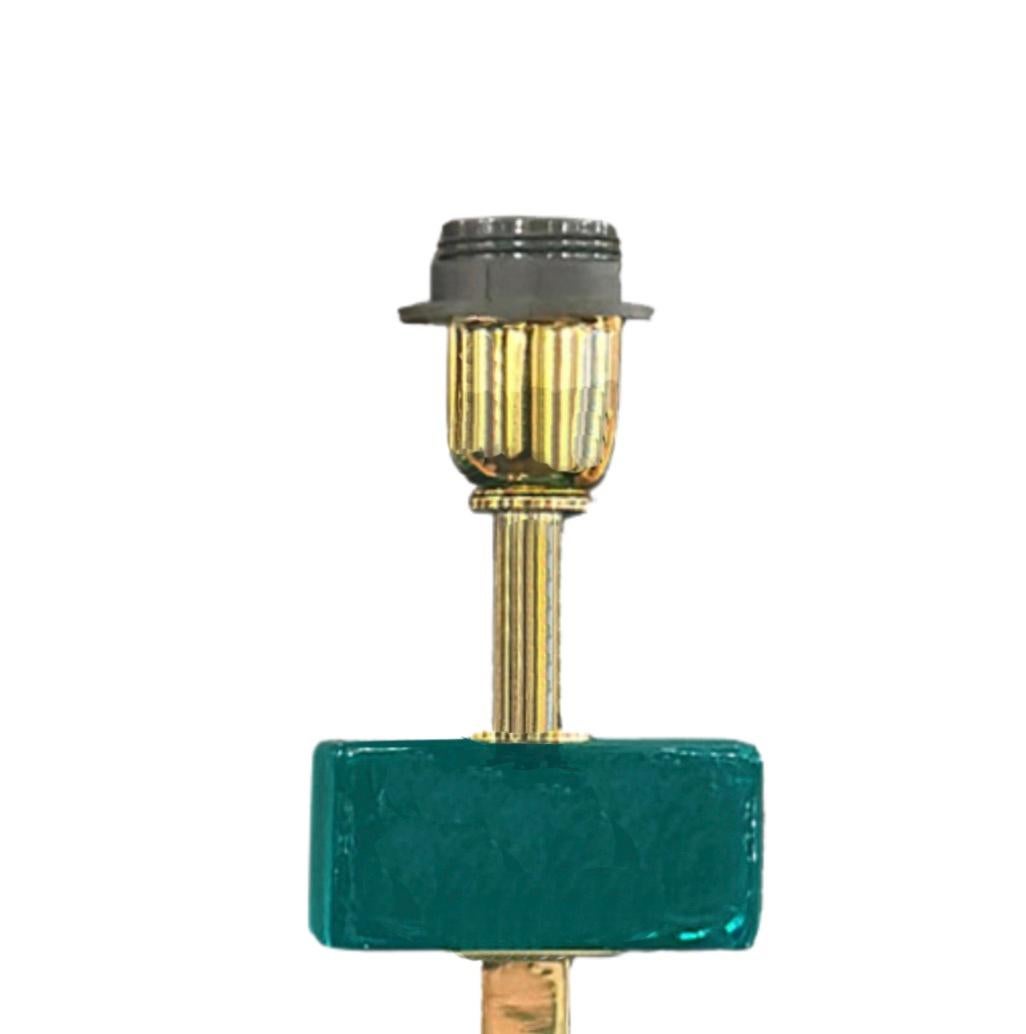 Artisan Turquoise Murano Glass Cube & Brass Table Lamps In New Condition For Sale In New York, NY