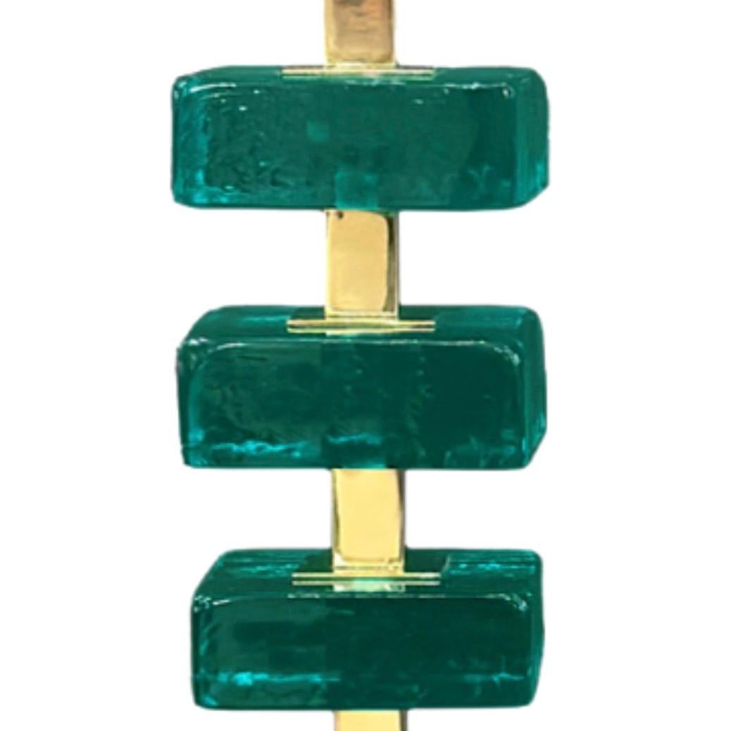 Contemporary Artisan Turquoise Murano Glass Cube & Brass Table Lamps For Sale