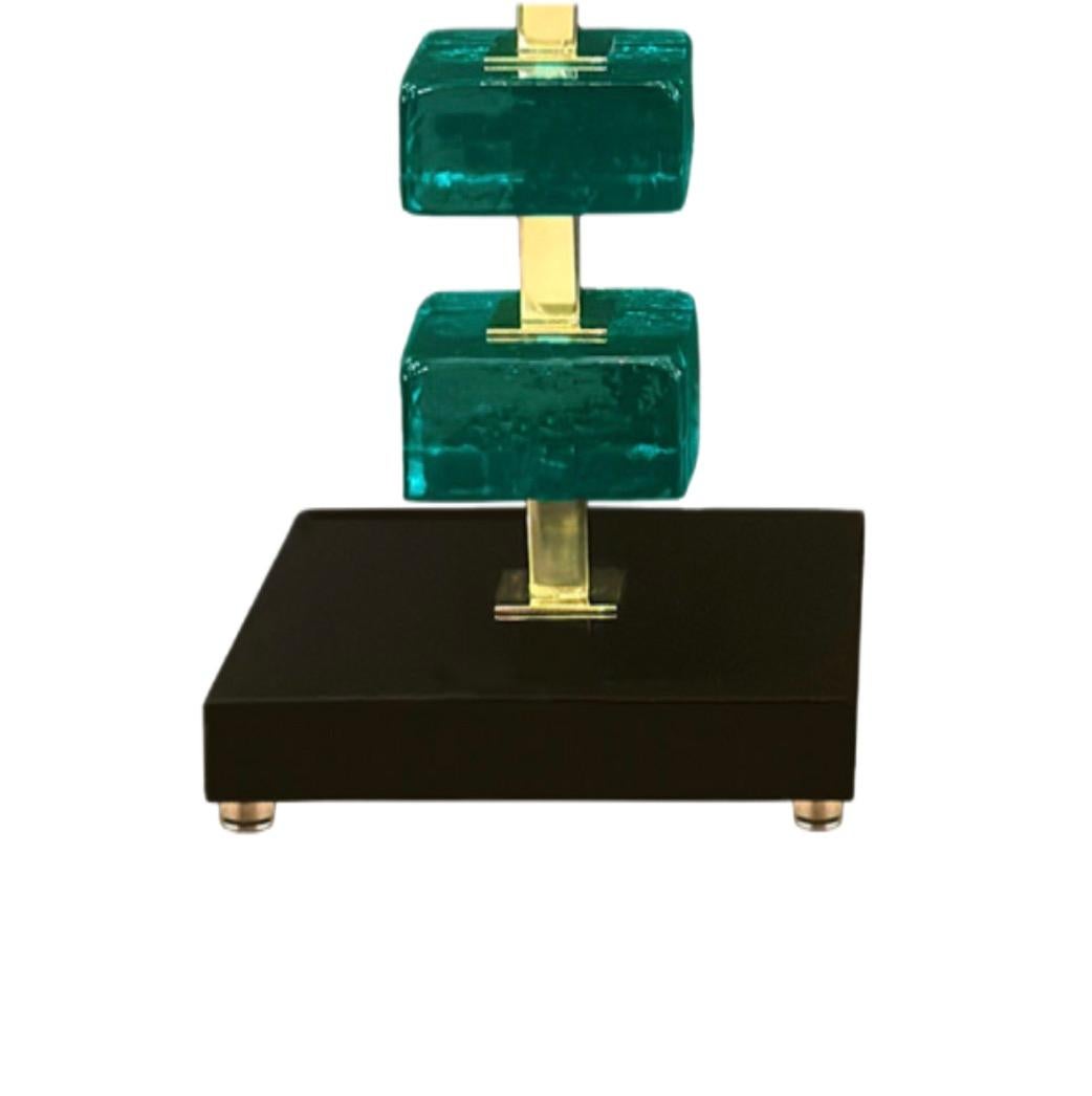 Artisan Turquoise Murano Glass Cube & Brass Table Lamps For Sale 1