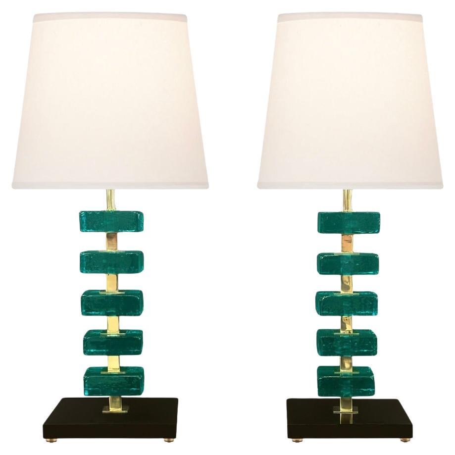 Artisan Turquoise Murano Glass Cube & Brass Table Lamps For Sale