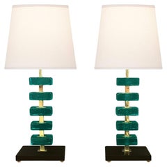 Artisan Turquoise Murano Glass Cube & Brass Table Lamps