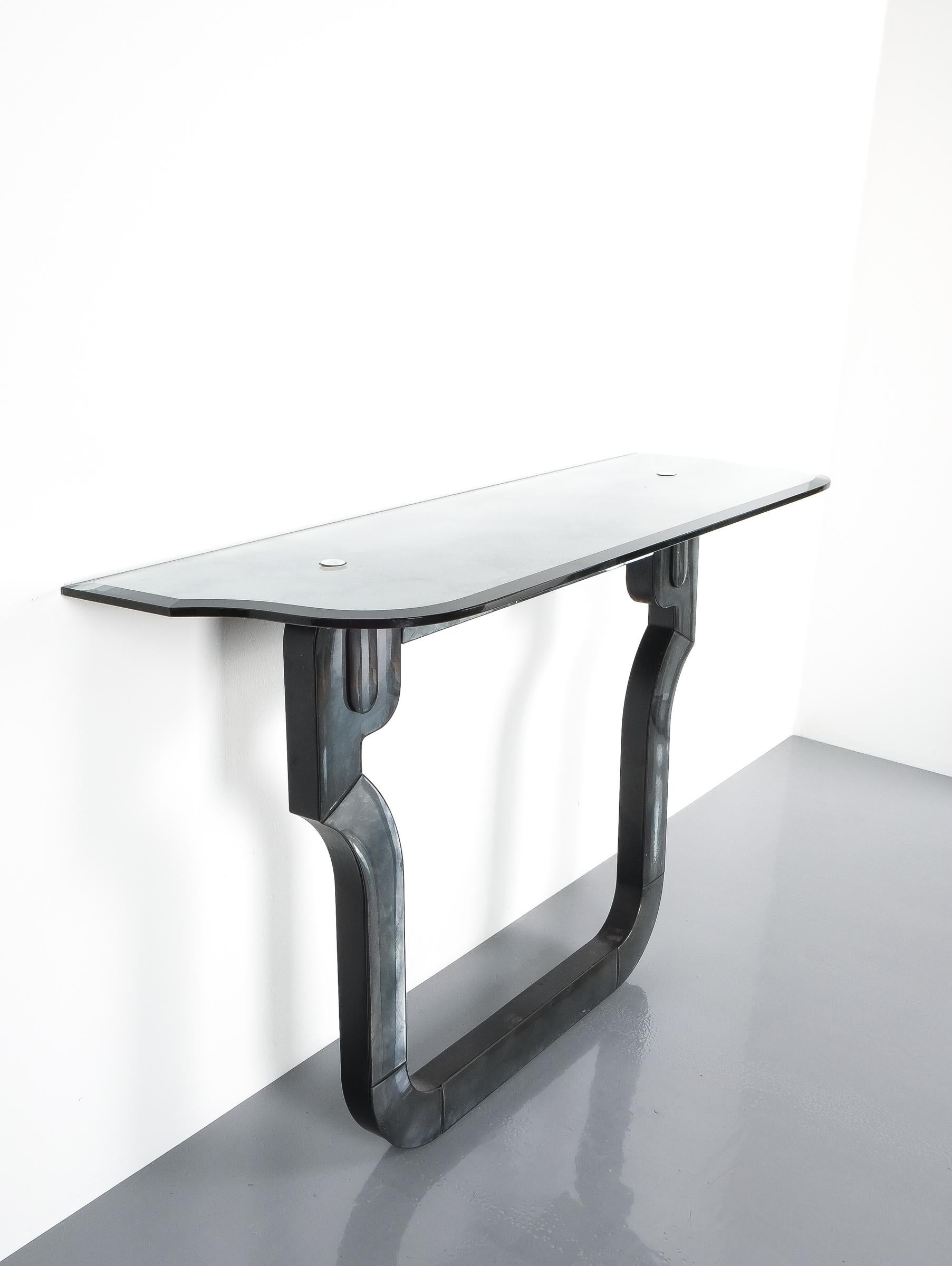 Vetro Specchio da parete artigianale in vetro neo barocco nero grigio marmo, Italia, 1980 in vendita