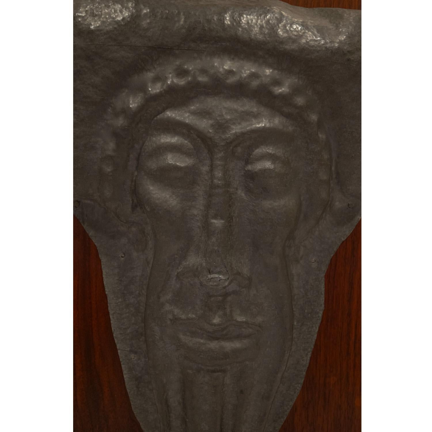 Hand-Crafted Artisan Wall Sculpture Of An Ancient Greek Man in Pewter On Wood 1950s For Sale
