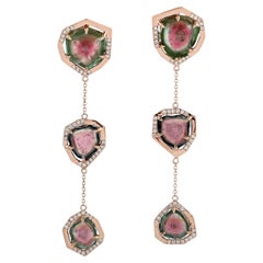 Artisan Watermelon Tourmaline Diamond 18K Rose Gold Drop Earrings