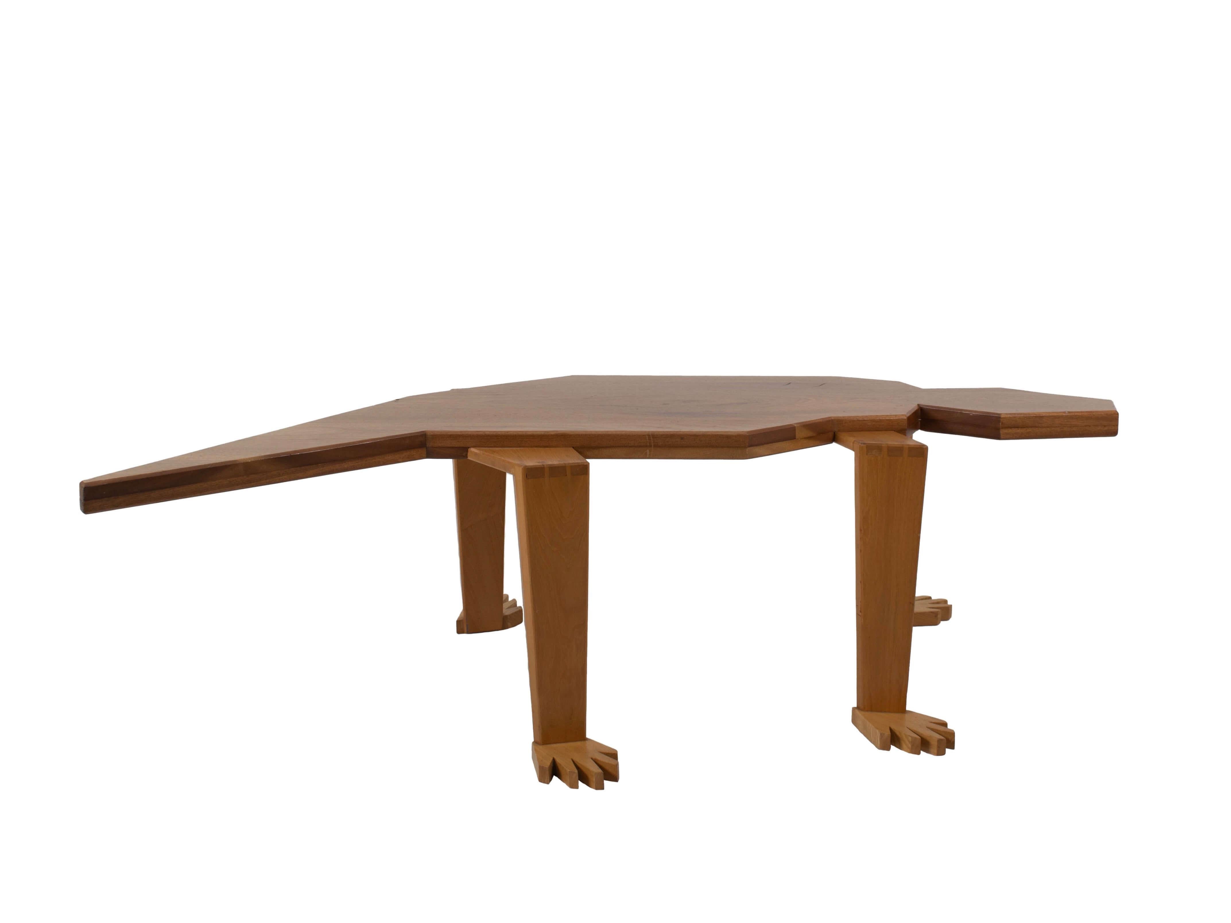 Artisan Wooden 'Lizard' coffee table, probably 1980s. This table is unique in its kind, hand made and a true eye-catcher in your interior. It has two layers of wood on the body of the lizard. The legs have dovetail joints. It has some wear and tear,