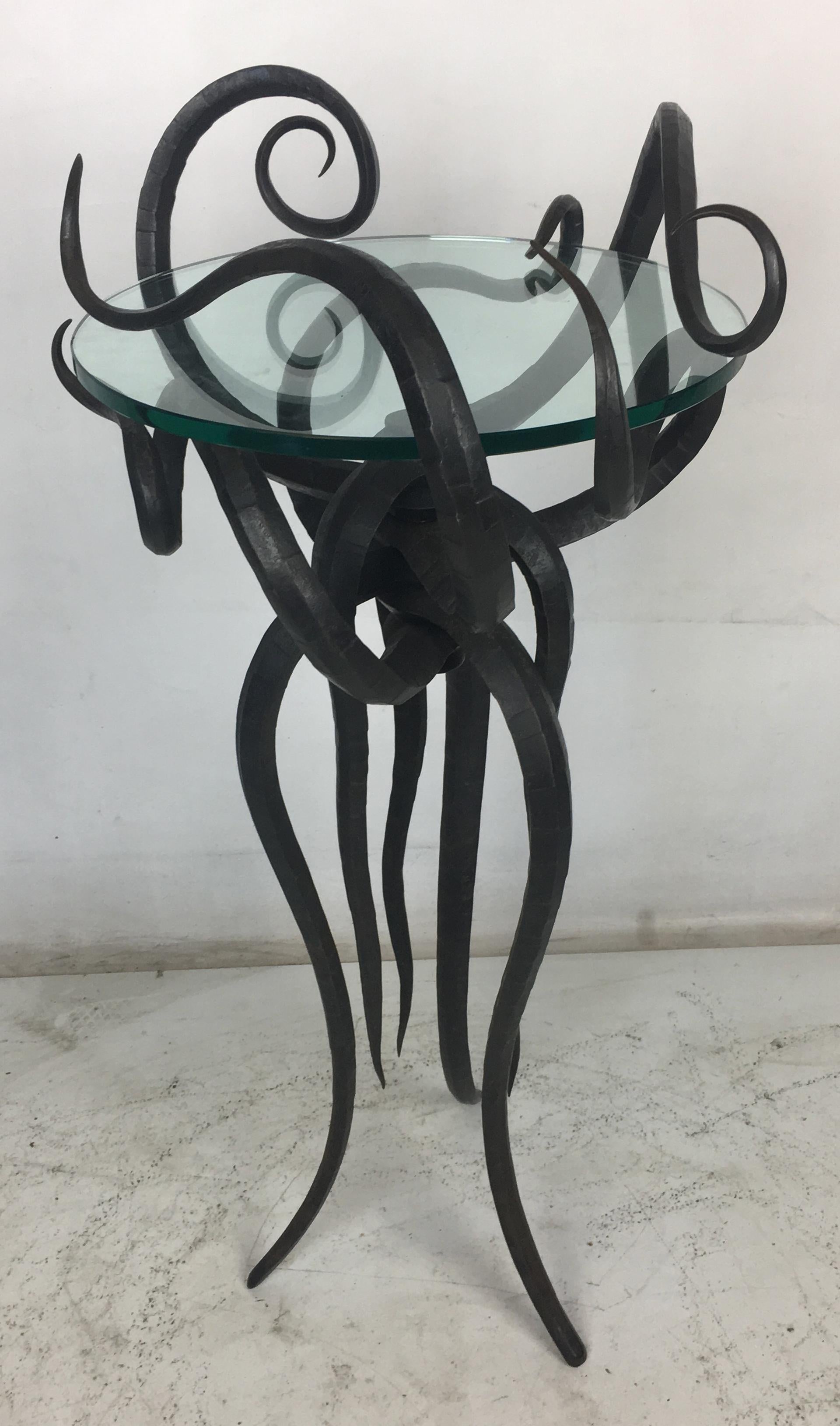 American Artisan Wrought Iron Medusa-Like Occasional Table, Signed