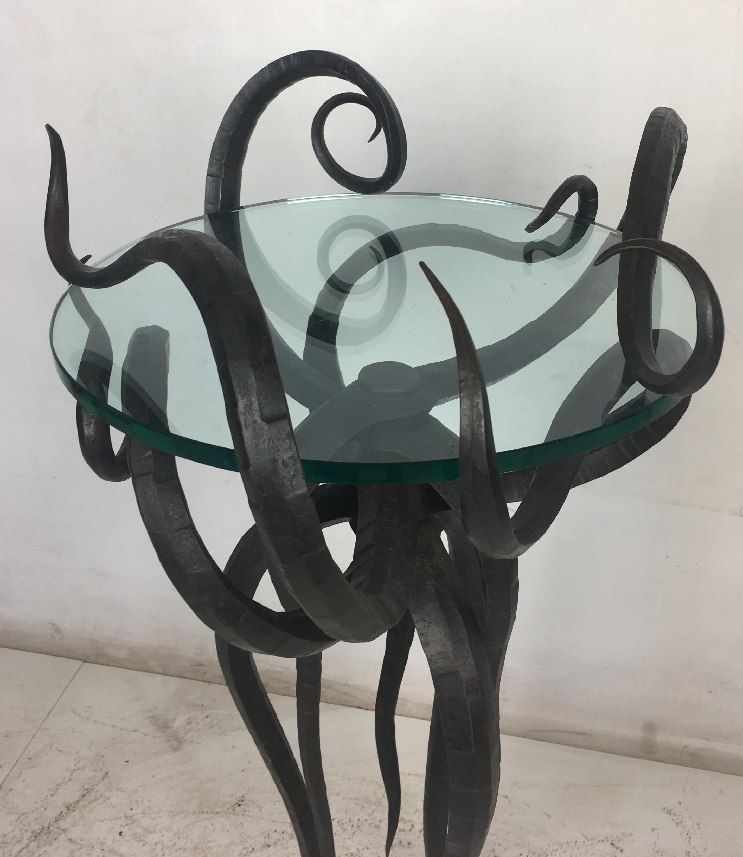 Hammered Artisan Wrought Iron Medusa-Like Occasional Table, Signed