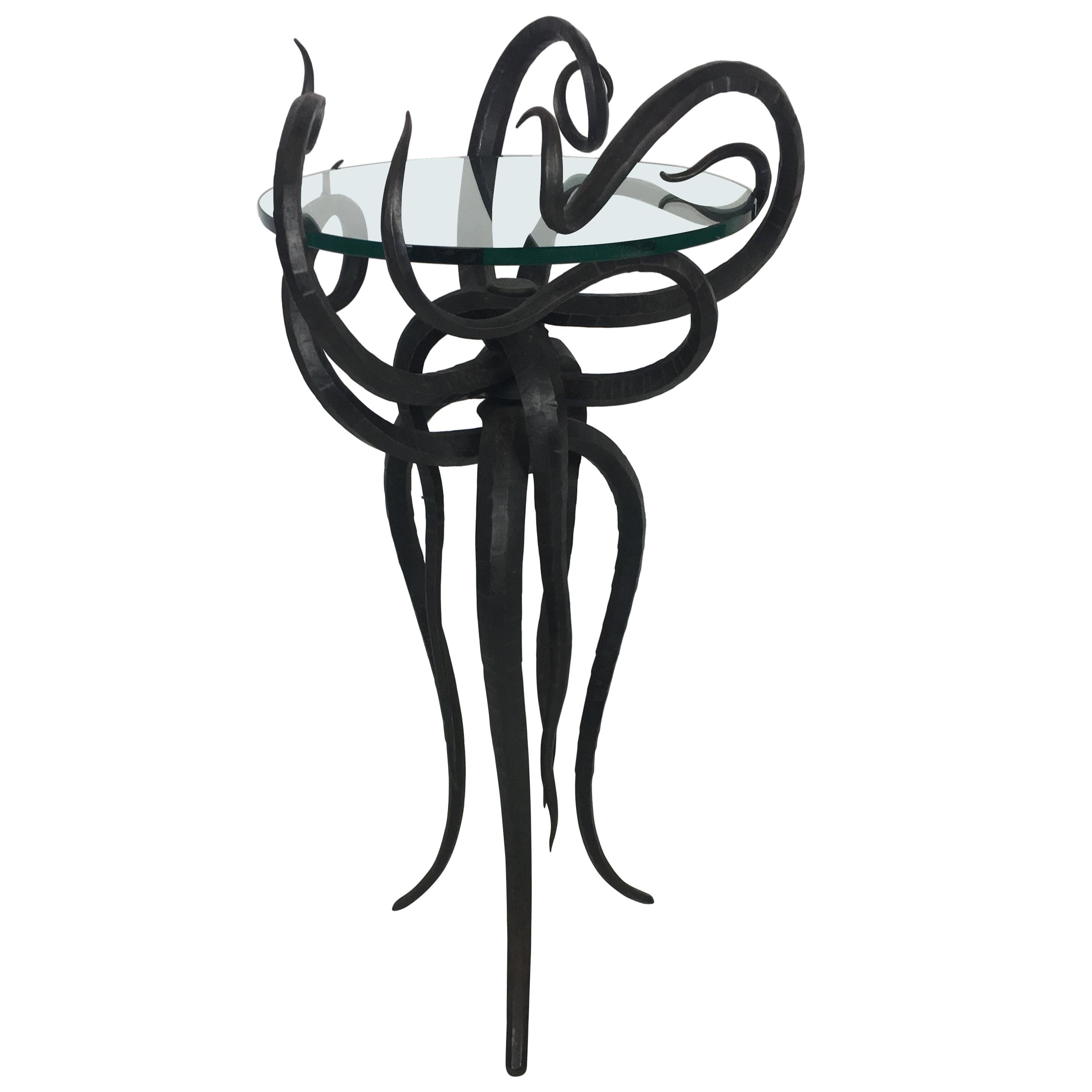 Artisan Wrought Iron Medusa-Like Occasional Table, Signed