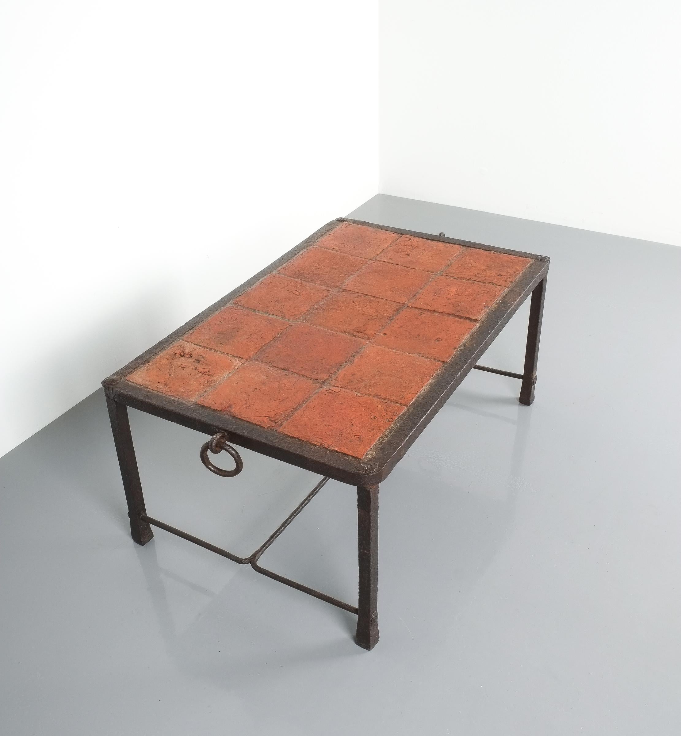 Mid-Century Modern Artisan Wrought Iron Terracotta Coffee Or Outdoor Table, France, 1950