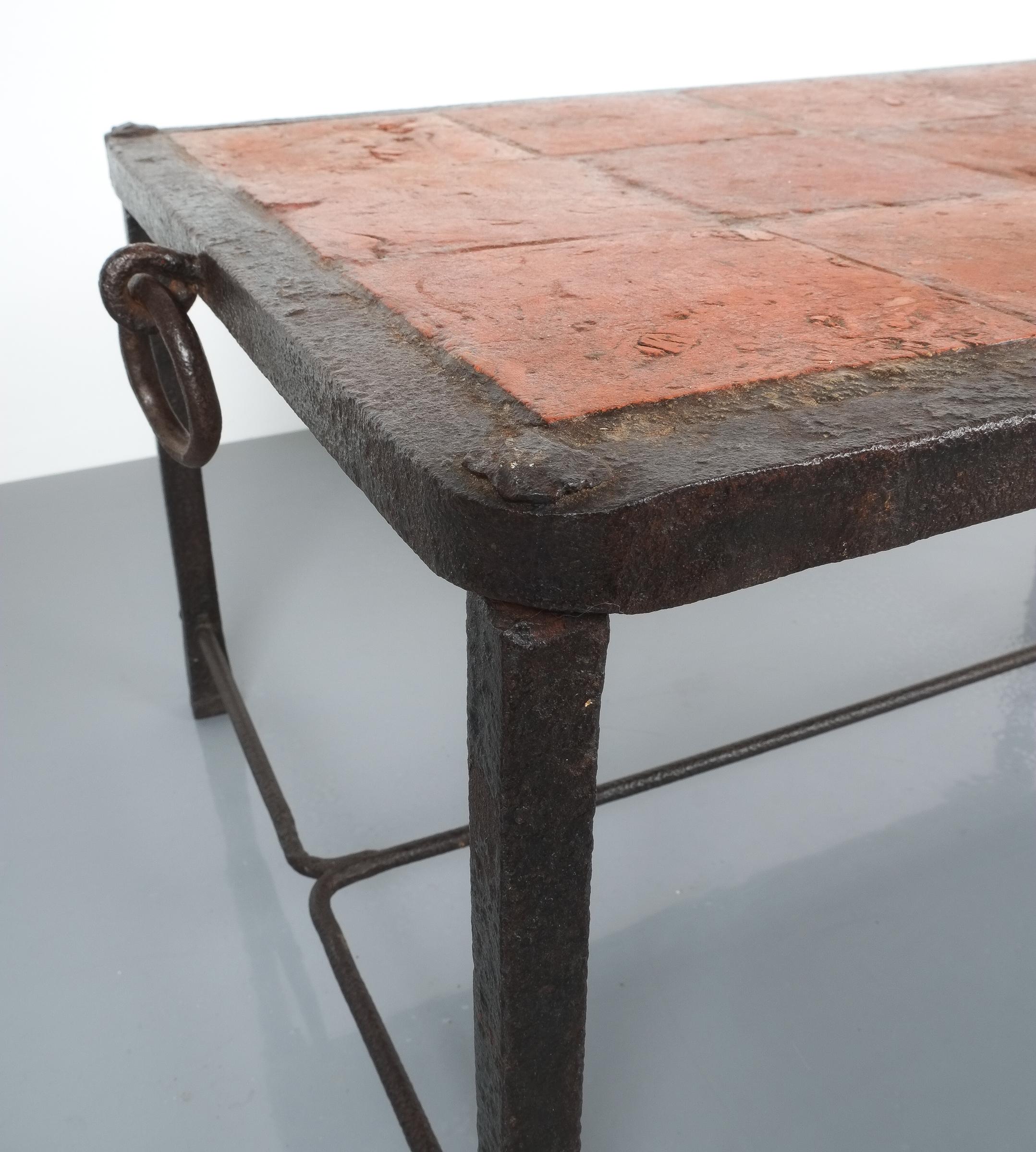 French Artisan Wrought Iron Terracotta Coffee Or Outdoor Table, France, 1950