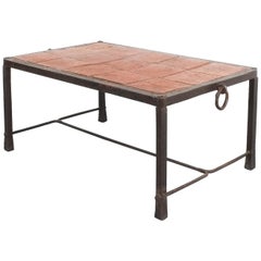 Vintage Artisan Wrought Iron Terracotta Coffee Or Outdoor Table, France, 1950
