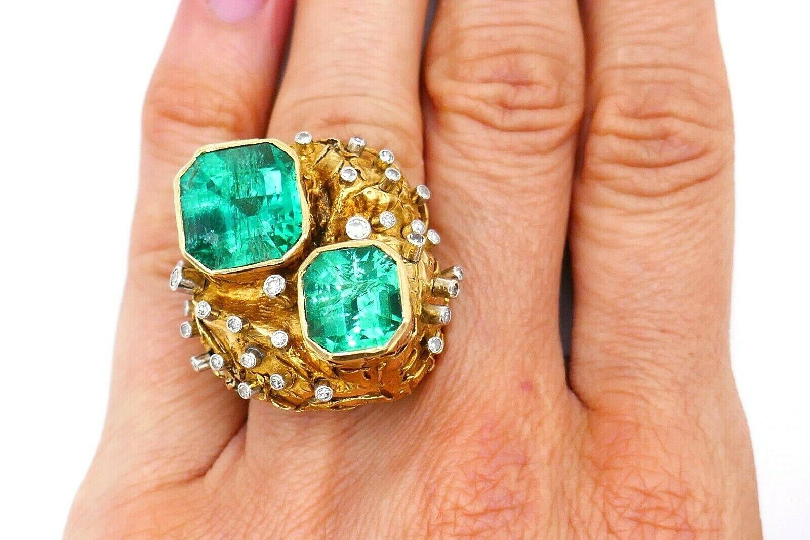 Artisan Yellow Gold Emerald Diamond Cocktail Ring GIA 9