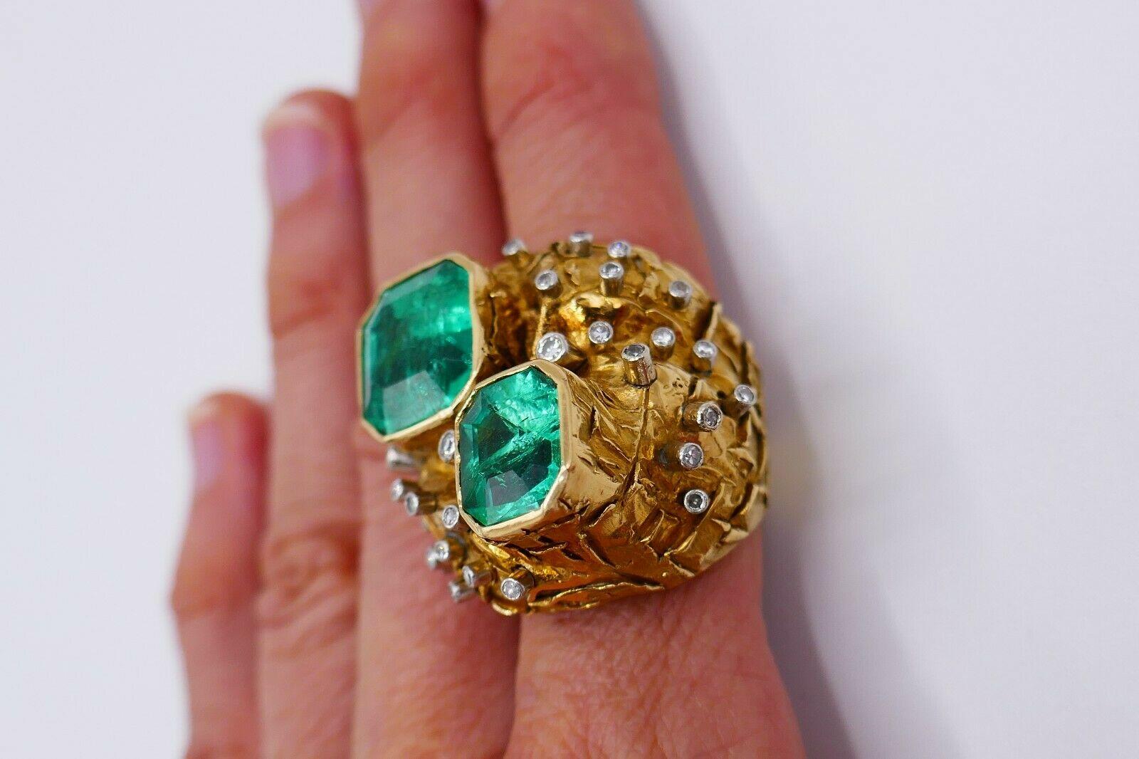 Round Cut Artisan Yellow Gold Emerald Diamond Cocktail Ring GIA