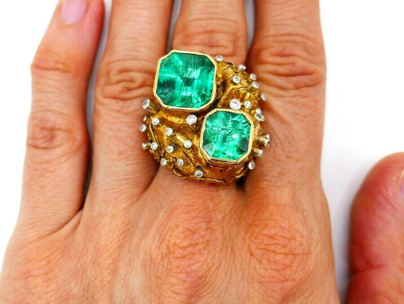 Artisan Yellow Gold Emerald Diamond Cocktail Ring GIA In Excellent Condition In Beverly Hills, CA