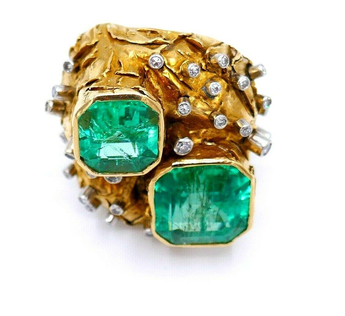 Artisan Yellow Gold Emerald Diamond Cocktail Ring GIA 3