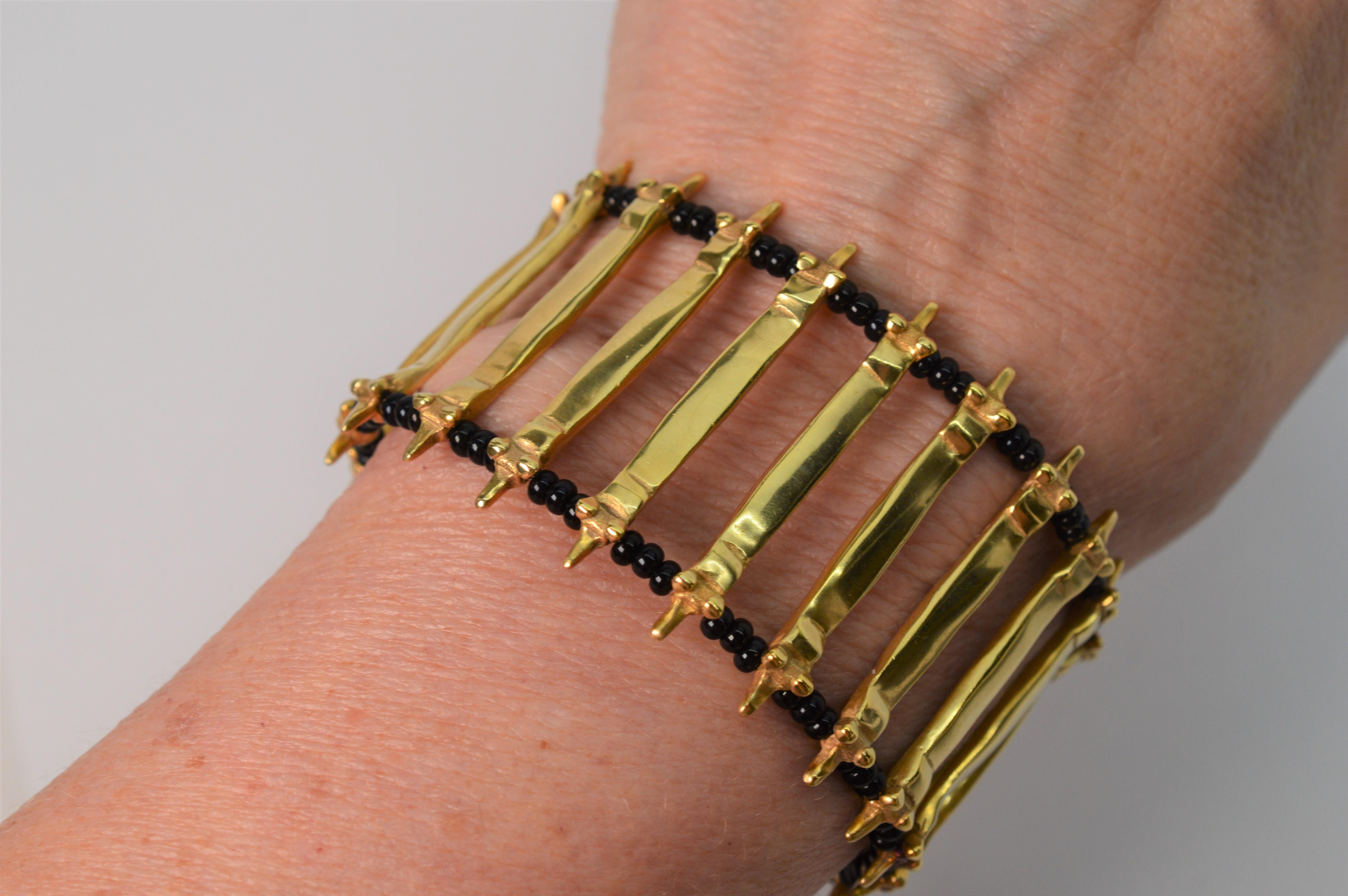 Artisan Yellow Gold Onyx Wide Ladder Cuff Bracelet For Sale 5