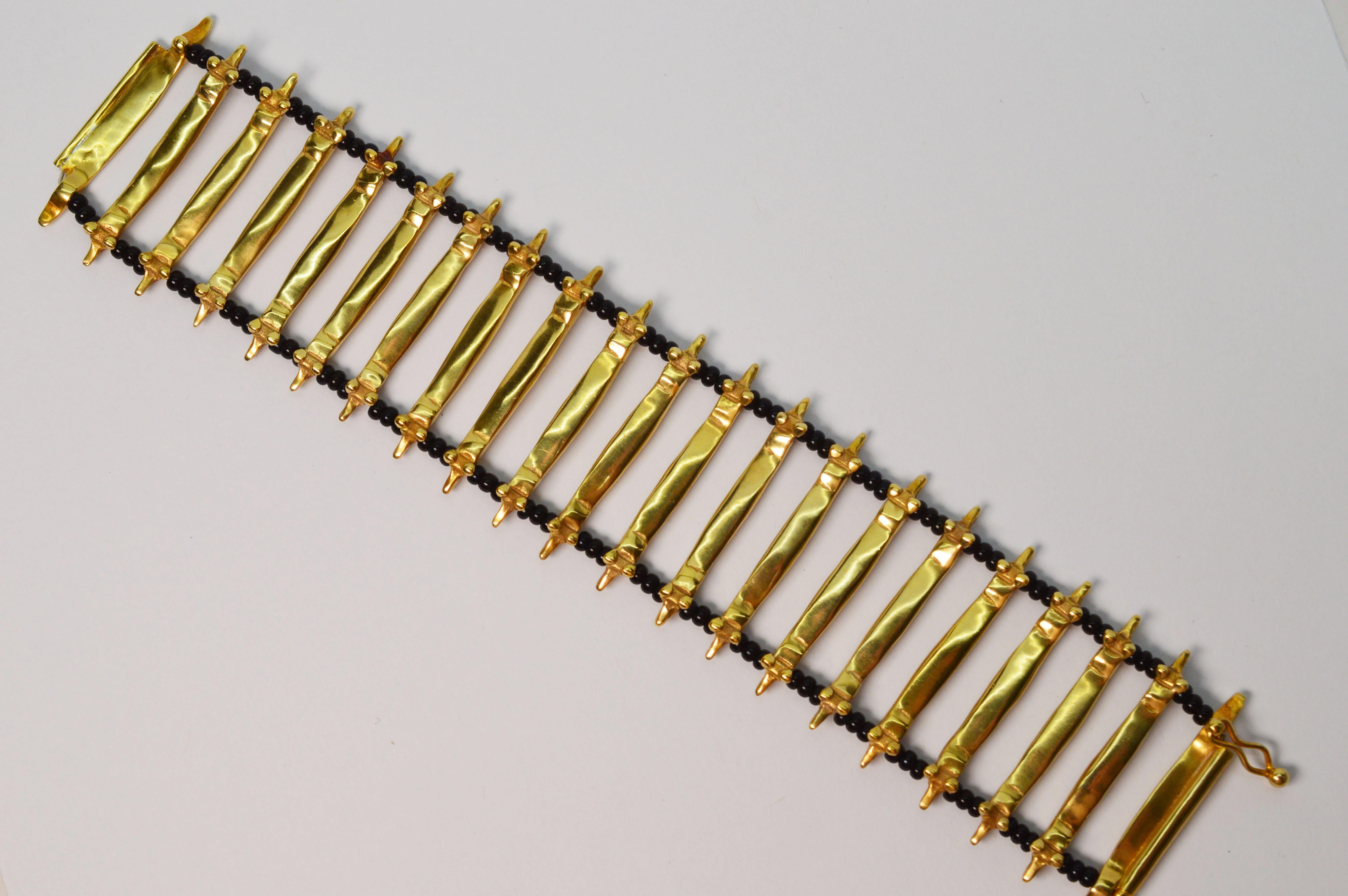 Round Cut Artisan Yellow Gold Onyx Wide Ladder Cuff Bracelet For Sale