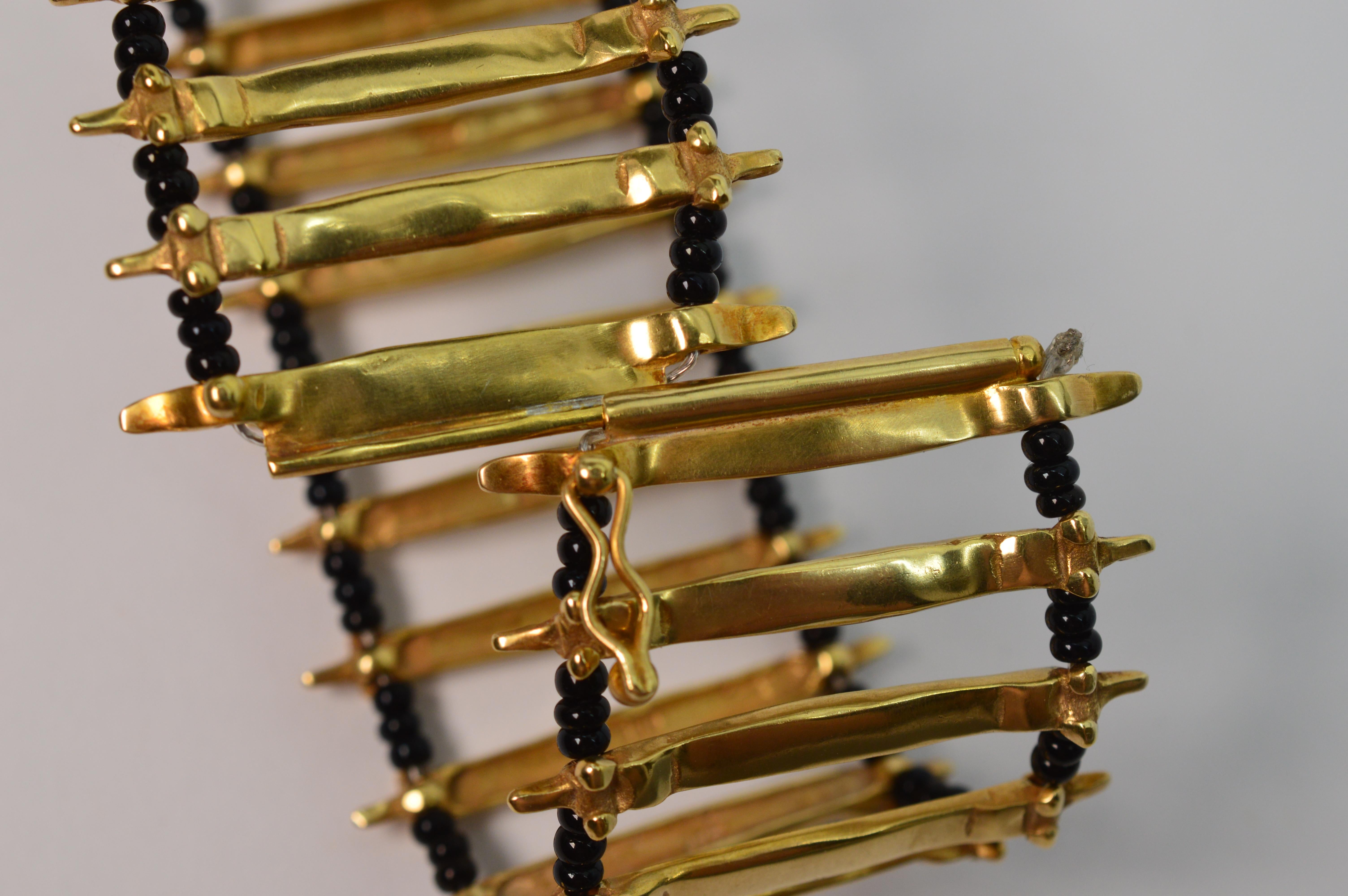 Artisan Yellow Gold Onyx Wide Ladder Cuff Bracelet For Sale 3